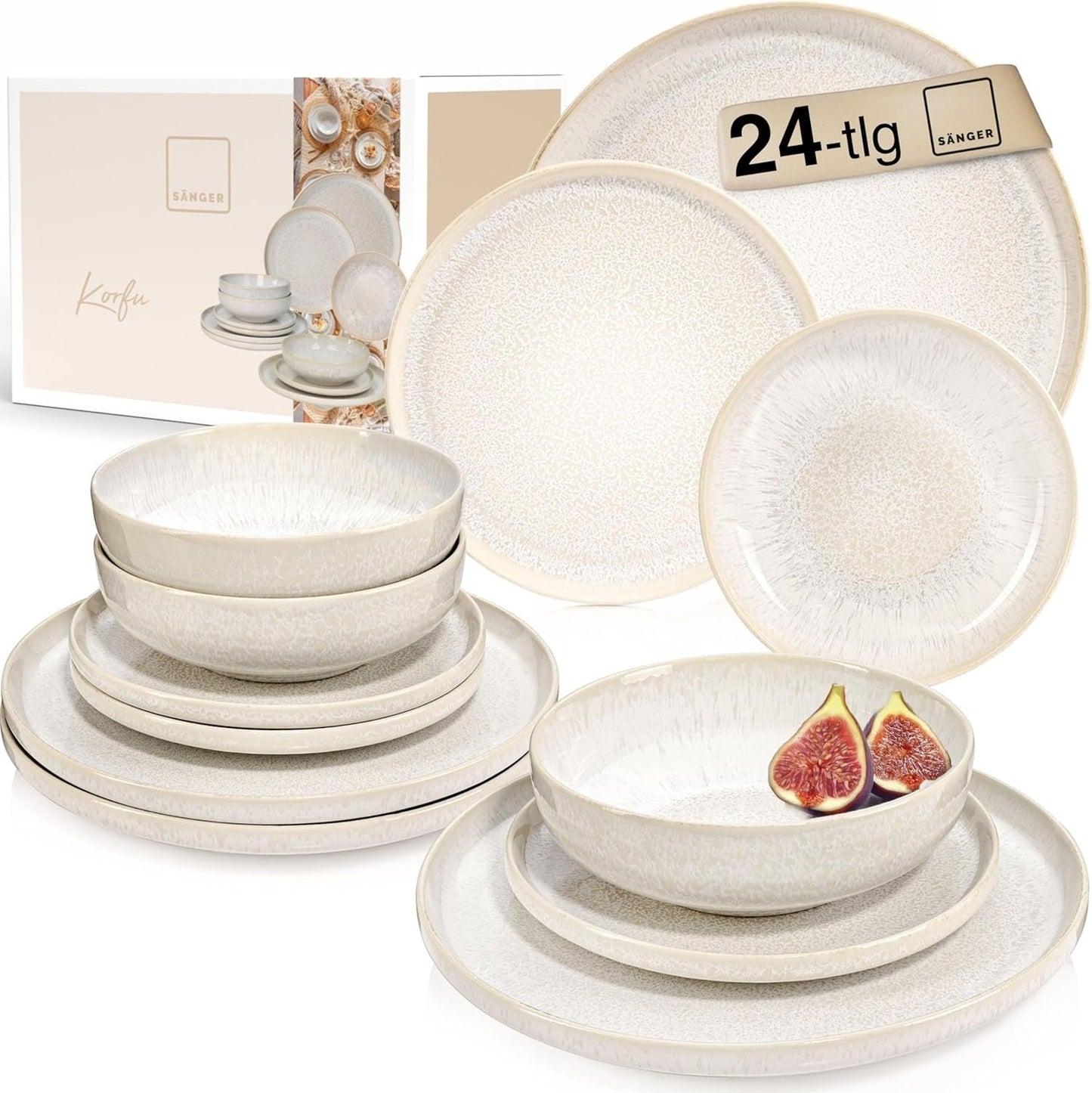 SANGER | 24-częściowy zestaw obiadowy z Korfu Serwis obiadowy na 8 ręcznie robionych ceramicznych zestawów obiadowych obejmujący talerze obiadowe Talerze deserowe i talerze Suma Kremowe naczynia stołowe o piaskowej fakturze