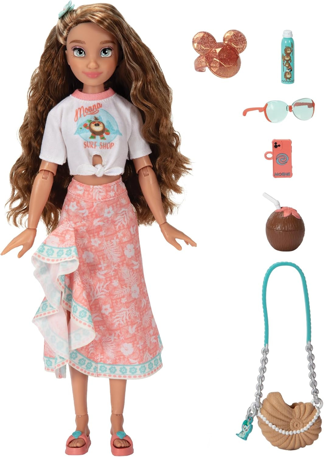 Lalka Vaiana z akcesoriami, 29 cm, 13 punktów artykulacji, na oficjalnej licencji Jakks Pacific. W komplecie z akcesoriami, które można łączyć i błyszczącym pierścionkiem Mickey!