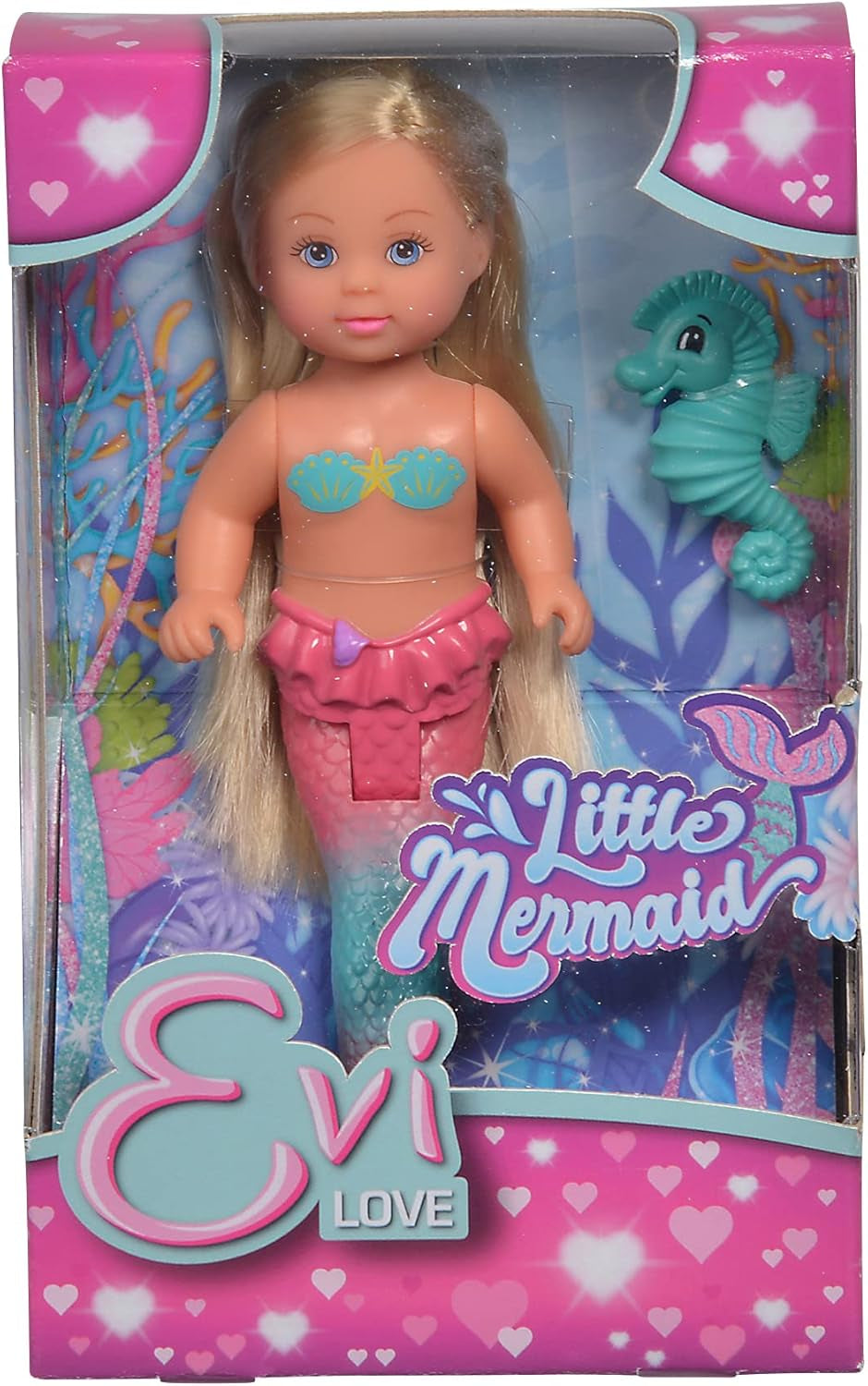 Simba 105733424 - Evi Love The Little Mermaid, różne 2 sposoby, zostanie dostarczony tylko JEDEN przedmiot, Evi jako syrenka, ruchoma płetwa ogonowa, z konikiem morskim, lalka modowa 12 cm, wiek 3+