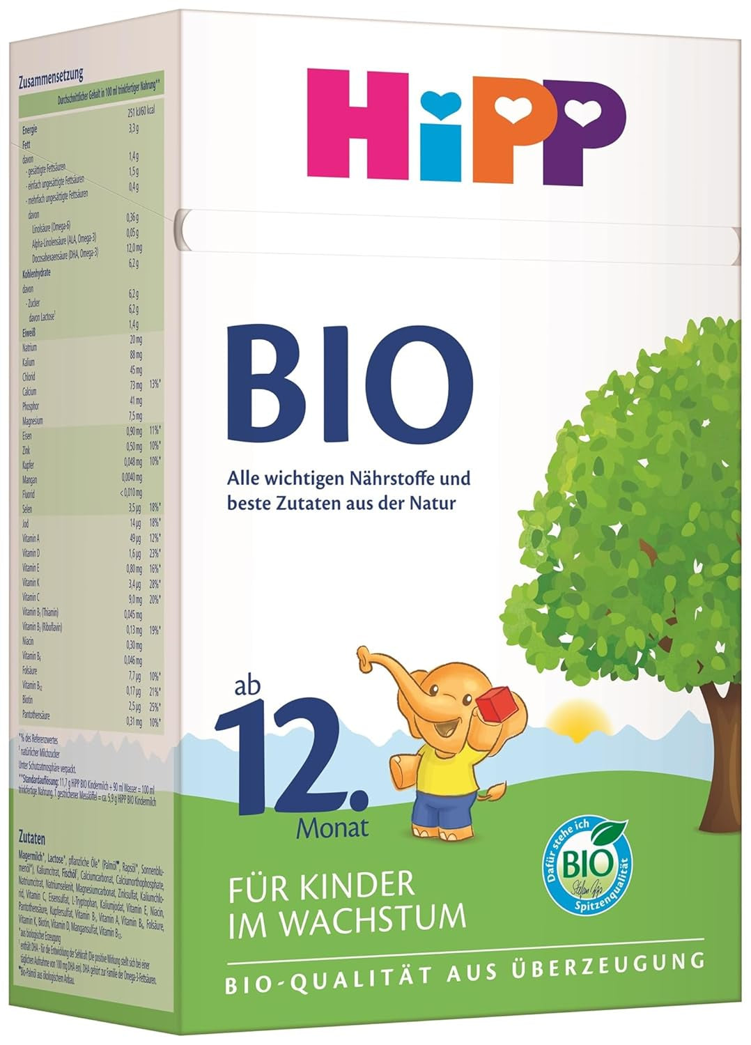 HiPP Organiczne mleko wzrostowe (4 x 600 g) po 12 miesiącach z wapniem, żelazem, witaminą C i D dla rosnących małych dzieci, najlepsza jakość organiczna