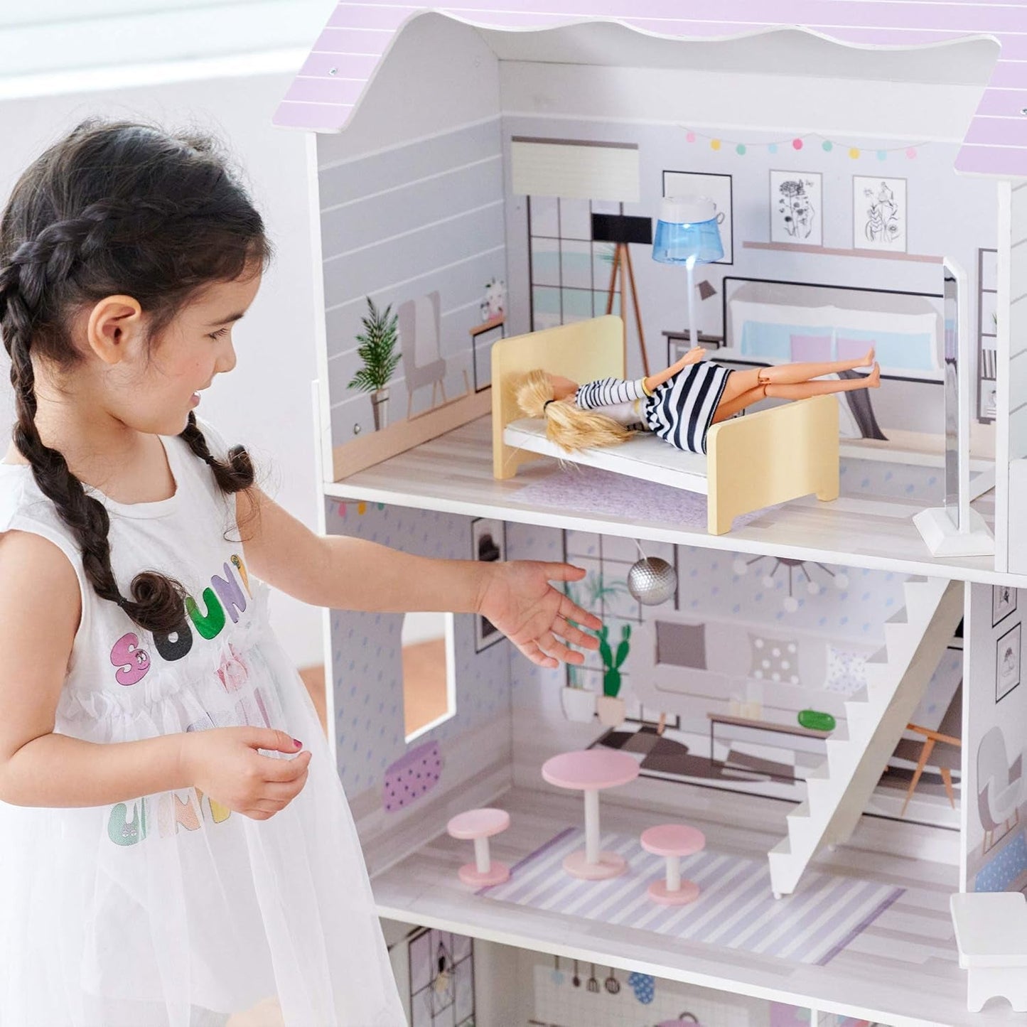 Teamson Kids Olivia's Little World Gigantyczny domek dla lalek z 16 akcesoriami dla lalek, drewniany domek dla lalek z meblami, 3-piętrowy, 30 cm domek dla lalek dla dzieci w wieku 3+