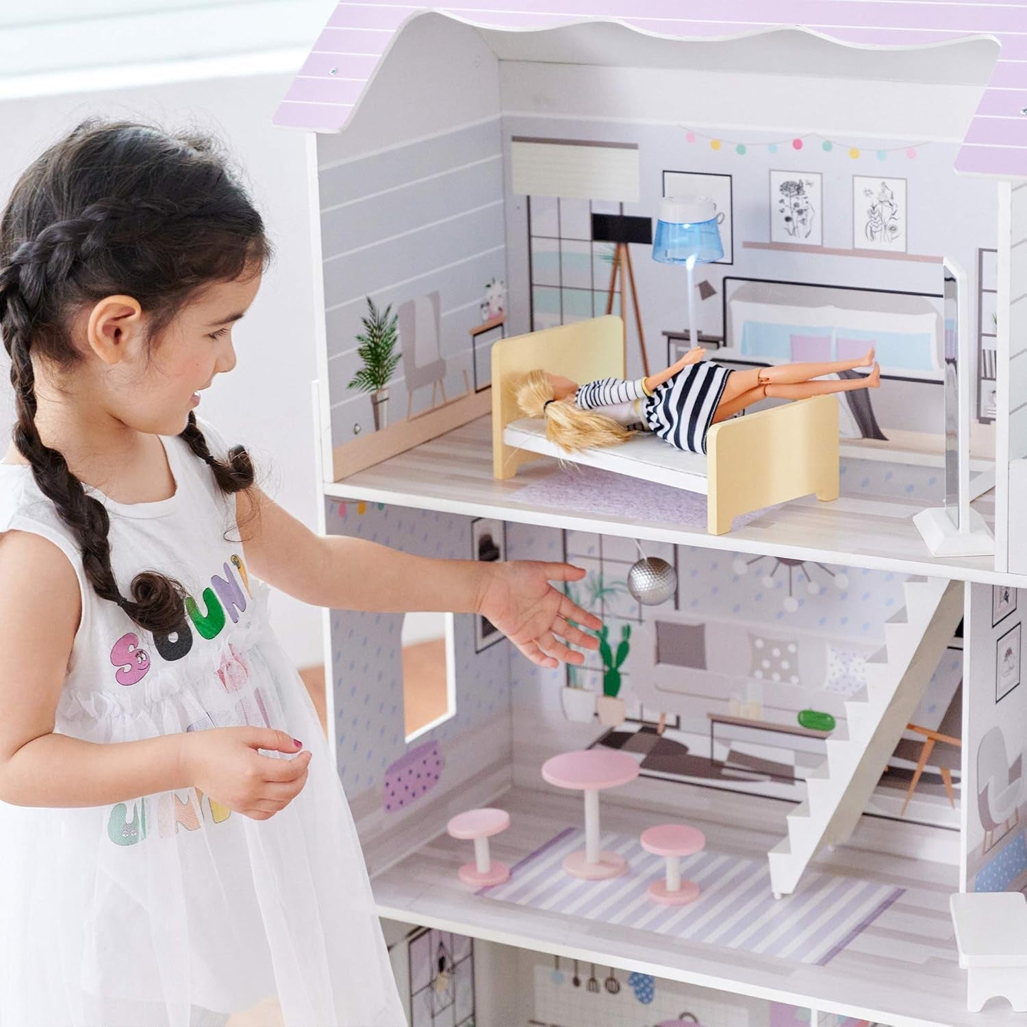 Teamson Kids Olivia's Little World Gigantyczny domek dla lalek z 16 akcesoriami dla lalek, drewniany domek dla lalek z meblami, 3-piętrowy, 30 cm domek dla lalek dla dzieci w wieku 3+