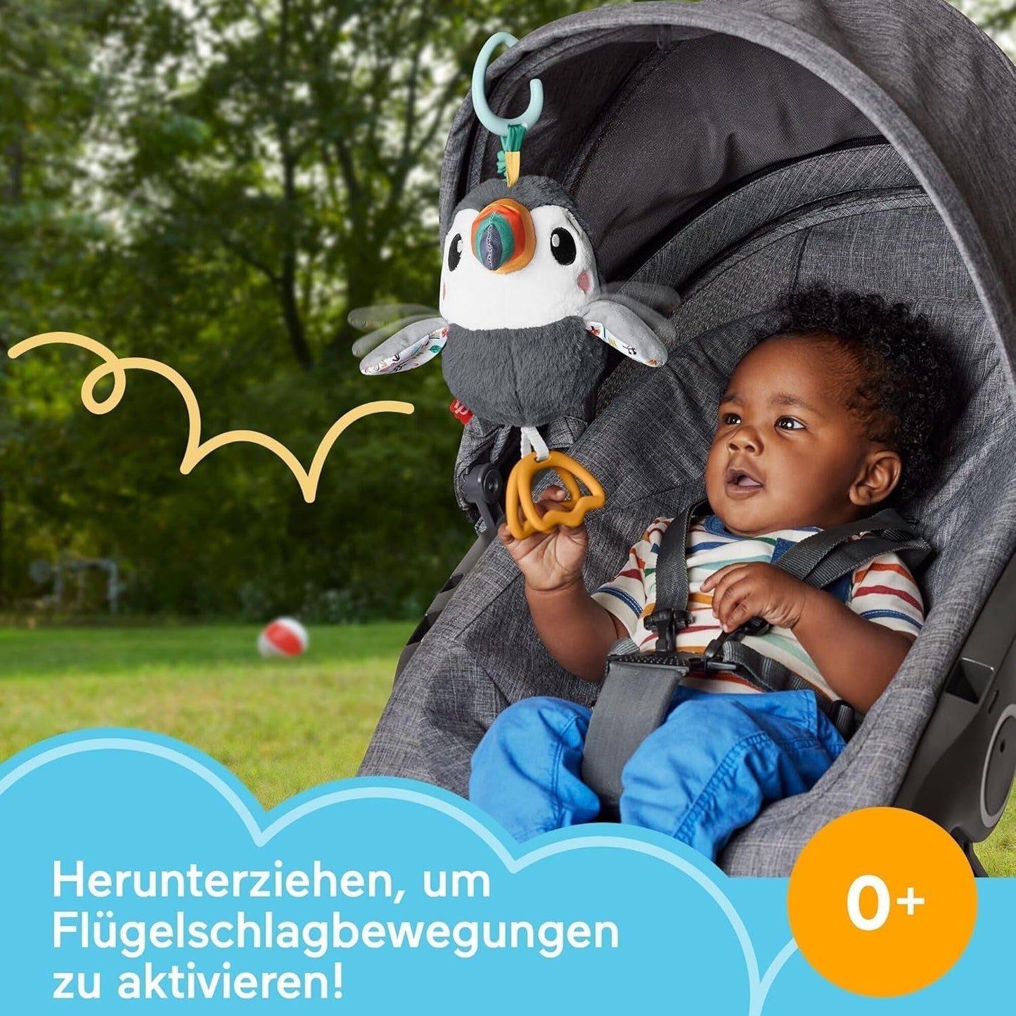 FISHER-PRICE Flap & Go Toucan - pluszowa zabawka do wózka rozwijająca zdolności motoryczne i sensoryczne u noworodków od urodzenia HNX66 Zabawki dla niemowląt Naty Shop