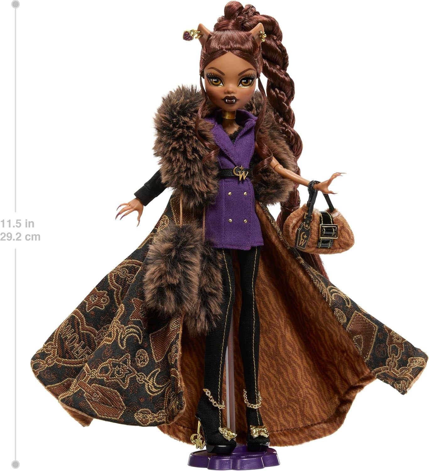 Monster High Doll House of Wolves Clawdeen Wolf Figurka kolekcjonerska z żakardowym płaszczem ze sztucznego futra Fioletowa kurtka Sukienka Złote spodnie i akcesoria JDR66