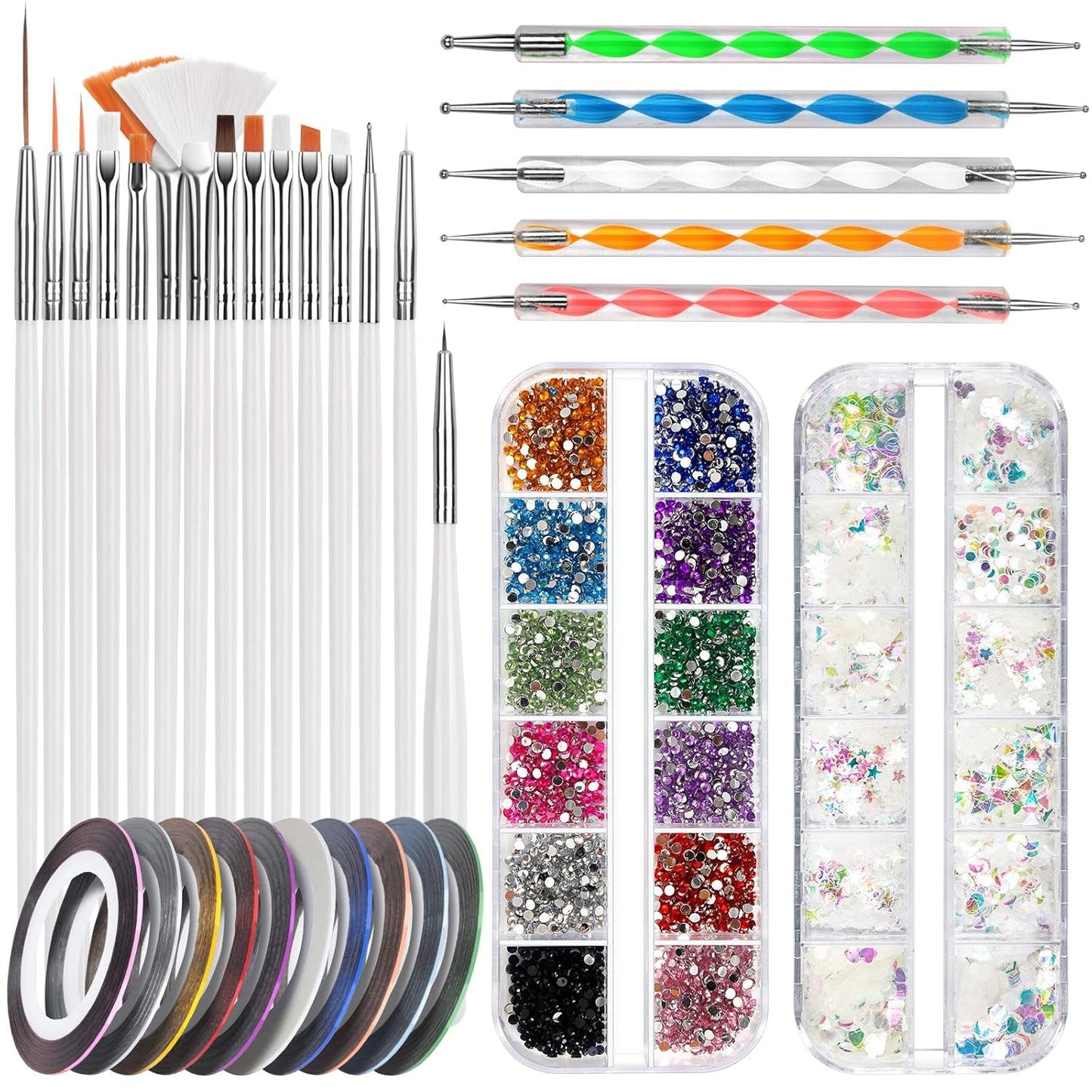 Zestaw pędzli do zdobienia paznokci FANDAMEI, 15 Stücke Pinsel Für Gelnägel Nagel Pinsel, 5 Stücke Dotted Pen, 10 Rolle Streifenband Nägel, Strasssteine ​​​​Nägel, Ultra Dünn Nagel Paillettes Für Nagelkunst Maniküre Set
