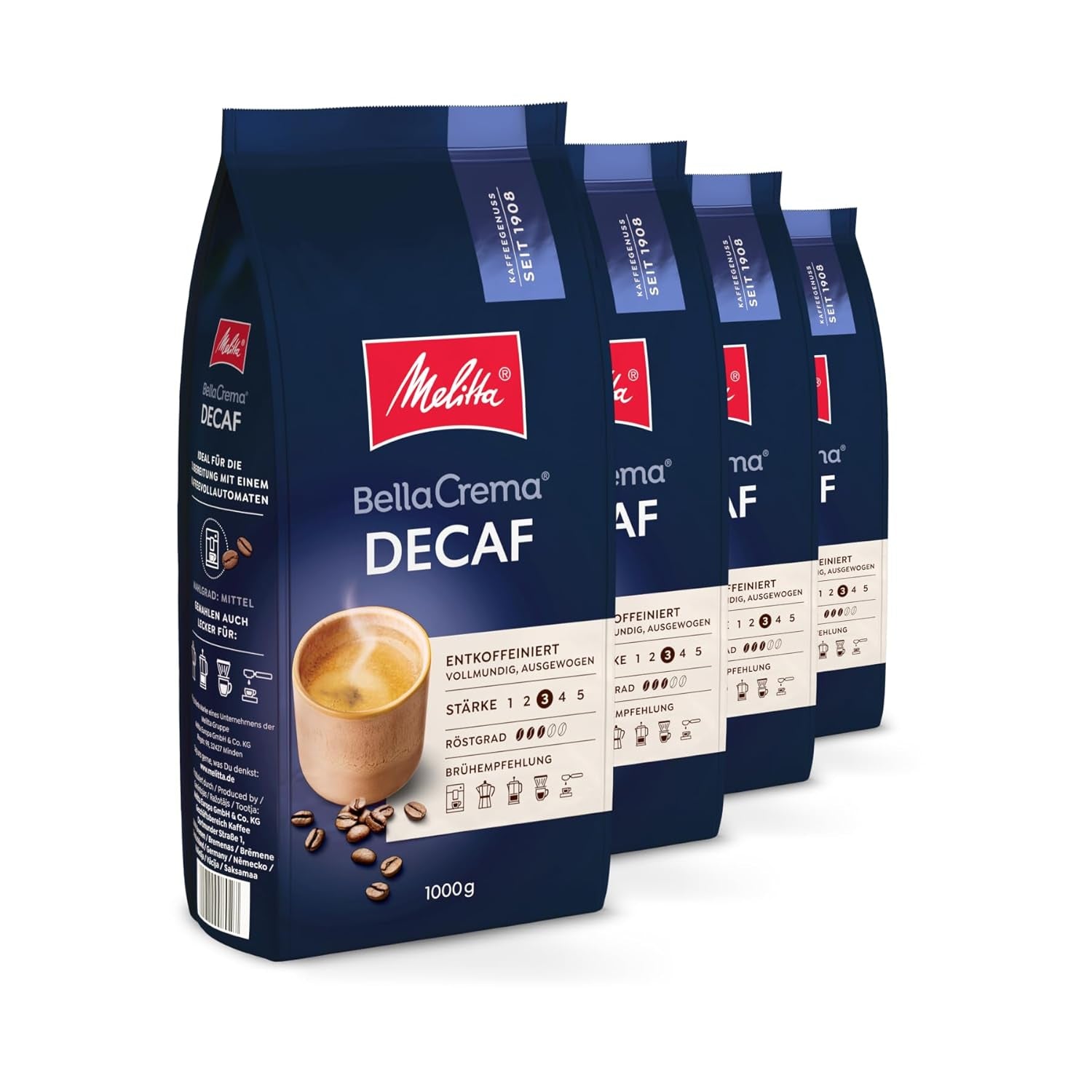 Melitta BellaCrema Kawa bezkofeinowa w ziarnach 4 x 1kg Niemielone ziarna kawy do w pełni automatycznych ekspresów do kawy Bezkofeinowa Jasno palona Niemiecka pieczeń 3 Moc