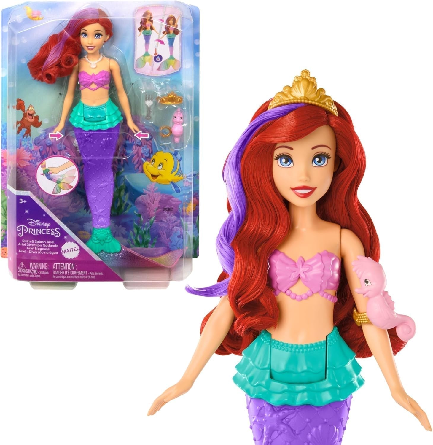 Zabawki Mattel Disney Princess, modna lalka syrenka Arielle do makijażu z odpinanym ogonem, stolik do makijażu z 5 powtarzalnymi wyskakującymi niespodziankami i 5 akcesoriami, lalki Ariel JBF86 Naty Shop