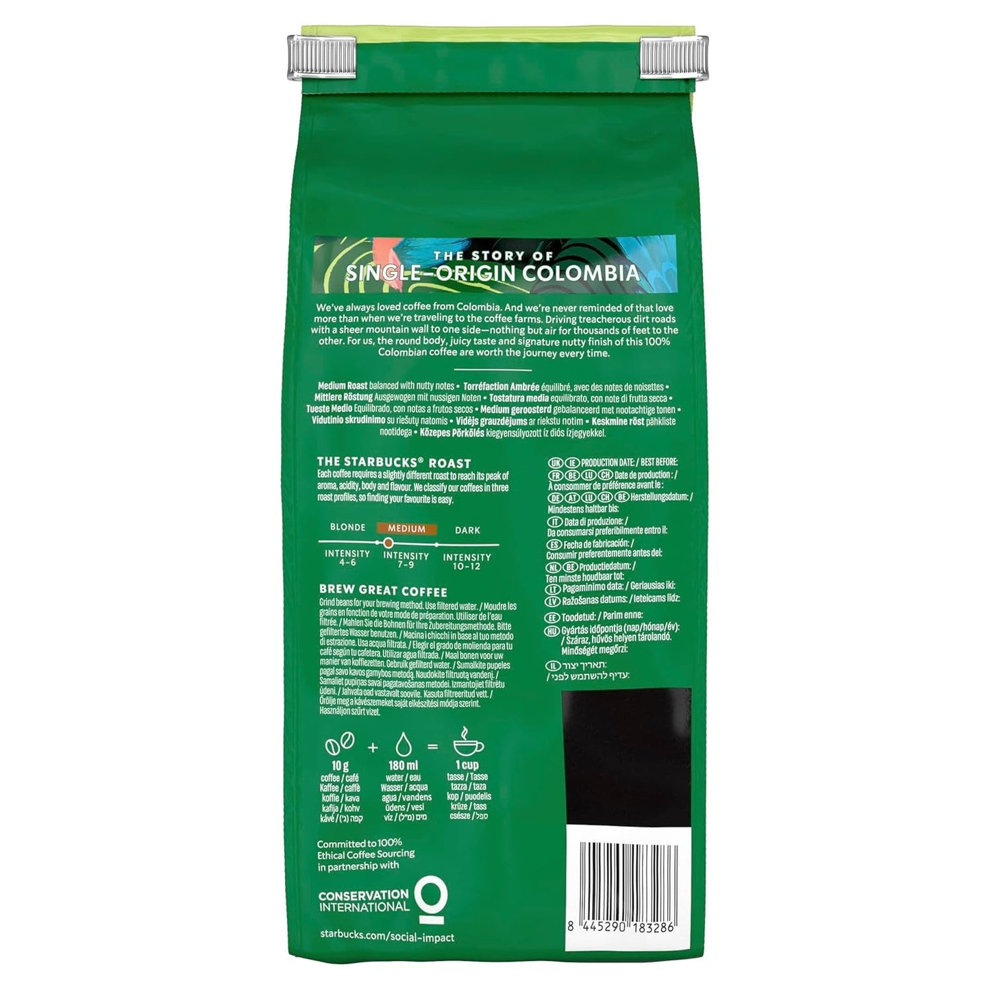 STARBUCKS Kawa Kolumbia Single Origin, średnio palona, ​​całe ziarna 450g (4 sztuki w opakowaniu)