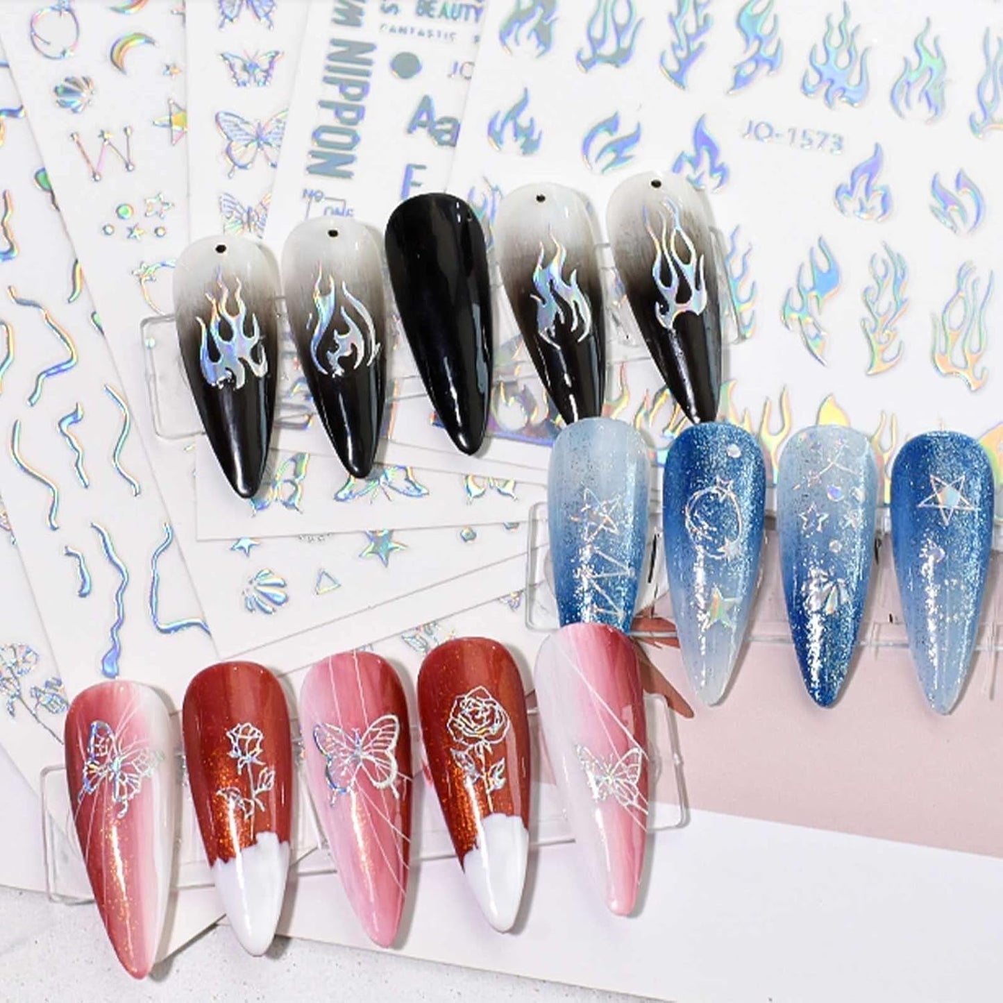 JMEOWIO Nagelsticker Aurora Holografisch 9 Blatt Nagelaufkleber Selbstklebend Herz-Flamme Spielt Schmetterlings-Mond Die Hauptrolle Nail Art Naklejka Dekoracja Nageldesign Zubehör