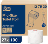Tork 127530 Miękki papier toaletowy Midi o zaawansowanej jakości do dozownika podwójnej rolki papieru toaletowego Tork T6 / 2-warstwowy miękki papier toaletowy odporny na rozdarcie 27 opakowań (27 x 100 metrów)