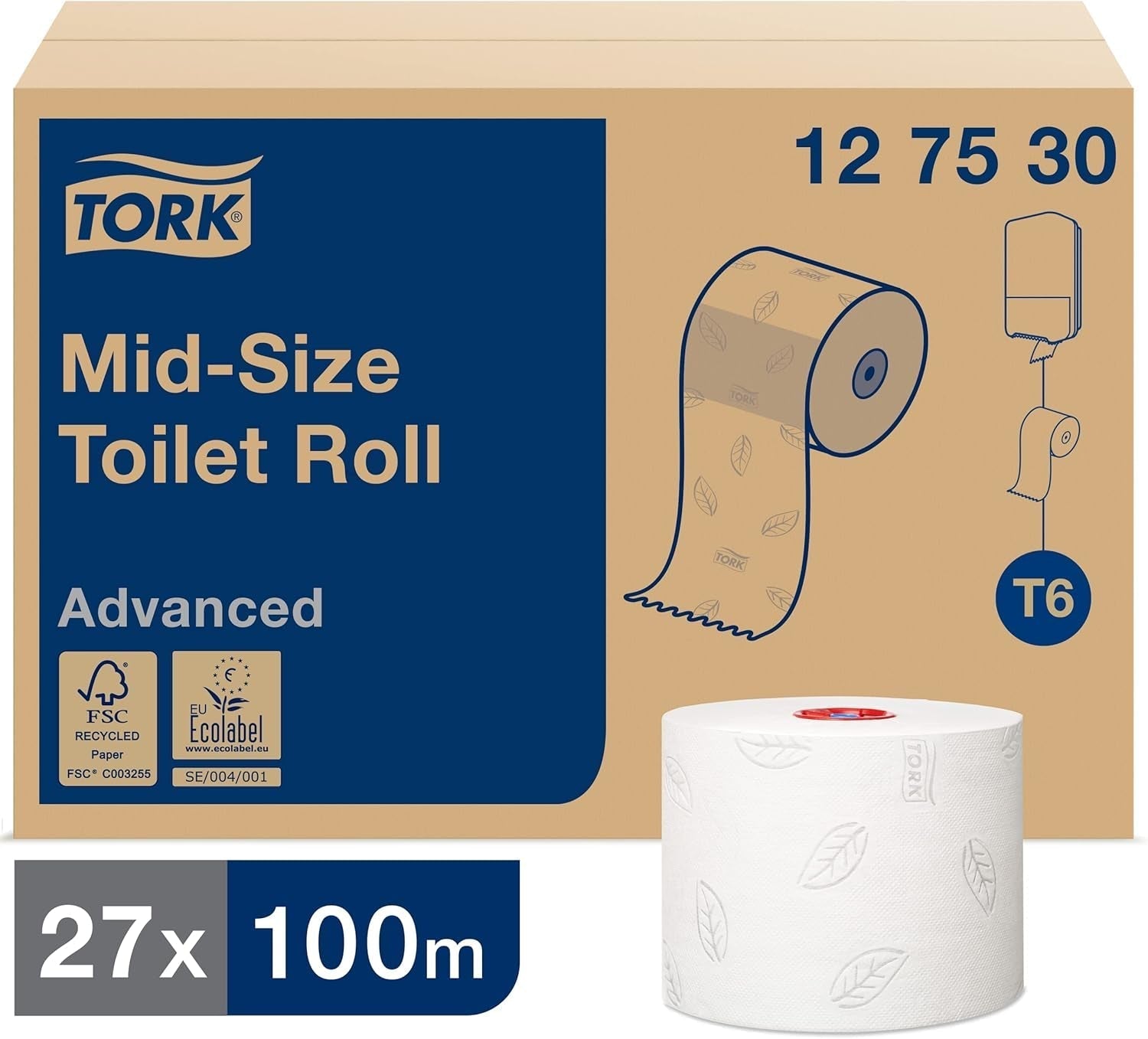 Tork 127530 Miękki papier toaletowy Midi o zaawansowanej jakości do dozownika podwójnej rolki papieru toaletowego Tork T6 / 2-warstwowy miękki papier toaletowy odporny na rozdarcie 27 opakowań (27 x 100 metrów)