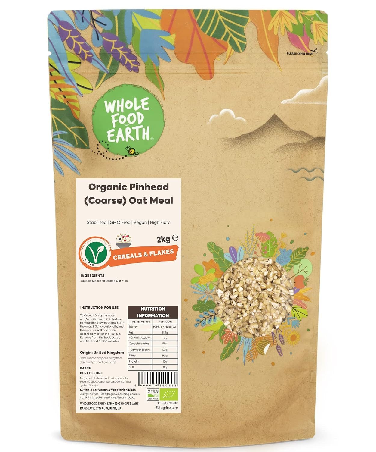 Pinhead Organiczne pełnoziarniste płatki owsiane (grube) - 1 kg, stabilizowane, bez GMO, wegańskie, bogate w błonnik, kontrolowane rolnictwo organiczne