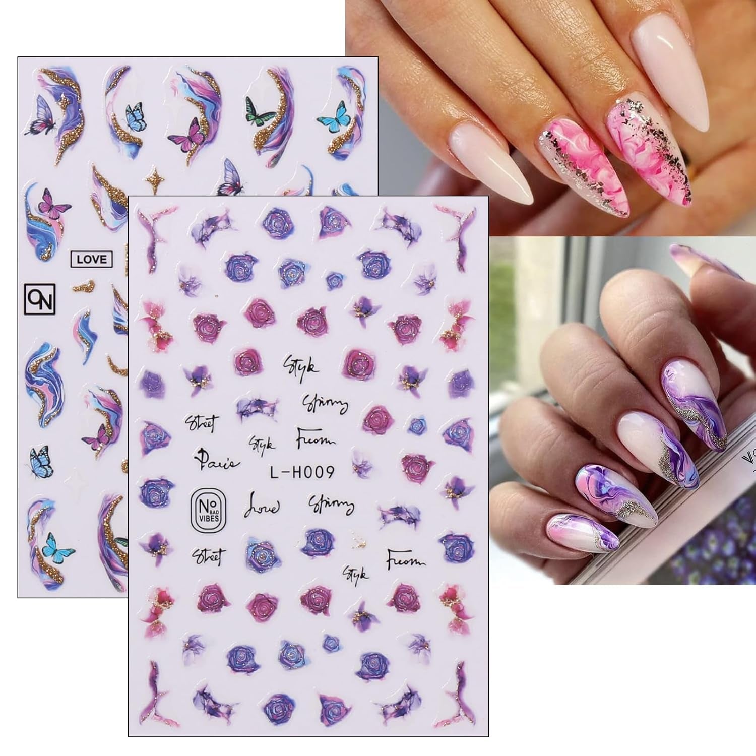 JMEOWIO Nagelsticker Marmor Französische Spitze 10 Blatt Nail Art Naklejka Selbstklebend Nagelaufkleber Bunt Dekoration Nageldesign Zubehör