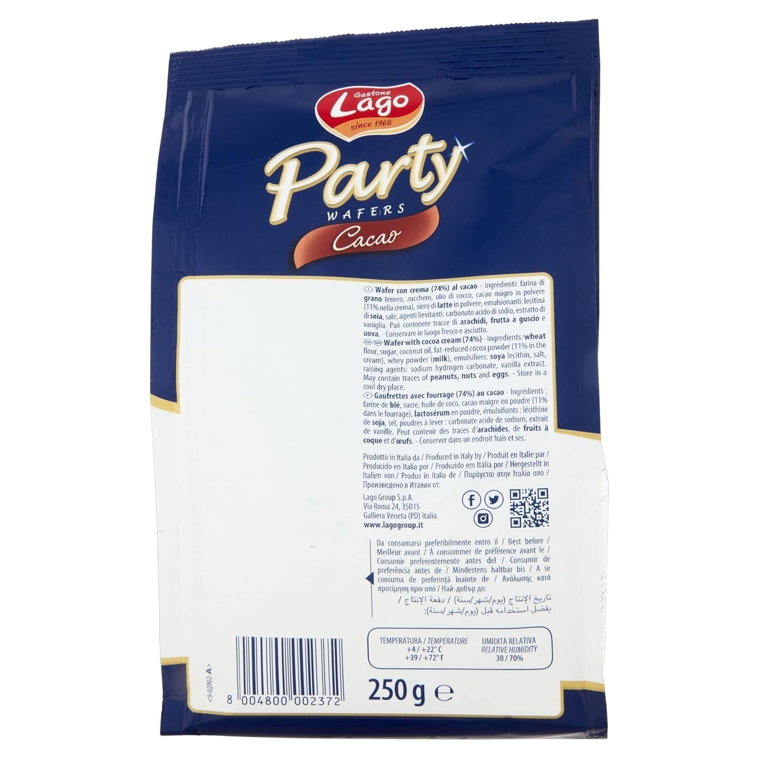 Kakao na imprezy 250 g, wafelek z kremem kakaowym, 74% Z 5 warstwami wafla i aksamitnym kremem czekoladowym