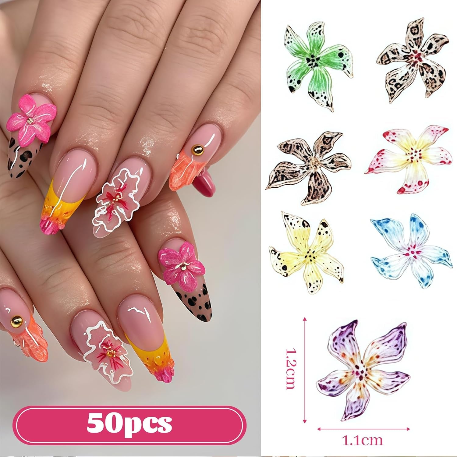 Zestaw 50 Stück 3D Blume Nail Charms, Bunte Nageldesign Zubehör, Nägel Charms i Nagel Art Charms, Perfekt Für Nailart, Maniküre Dekoration i DIY Nageldesign