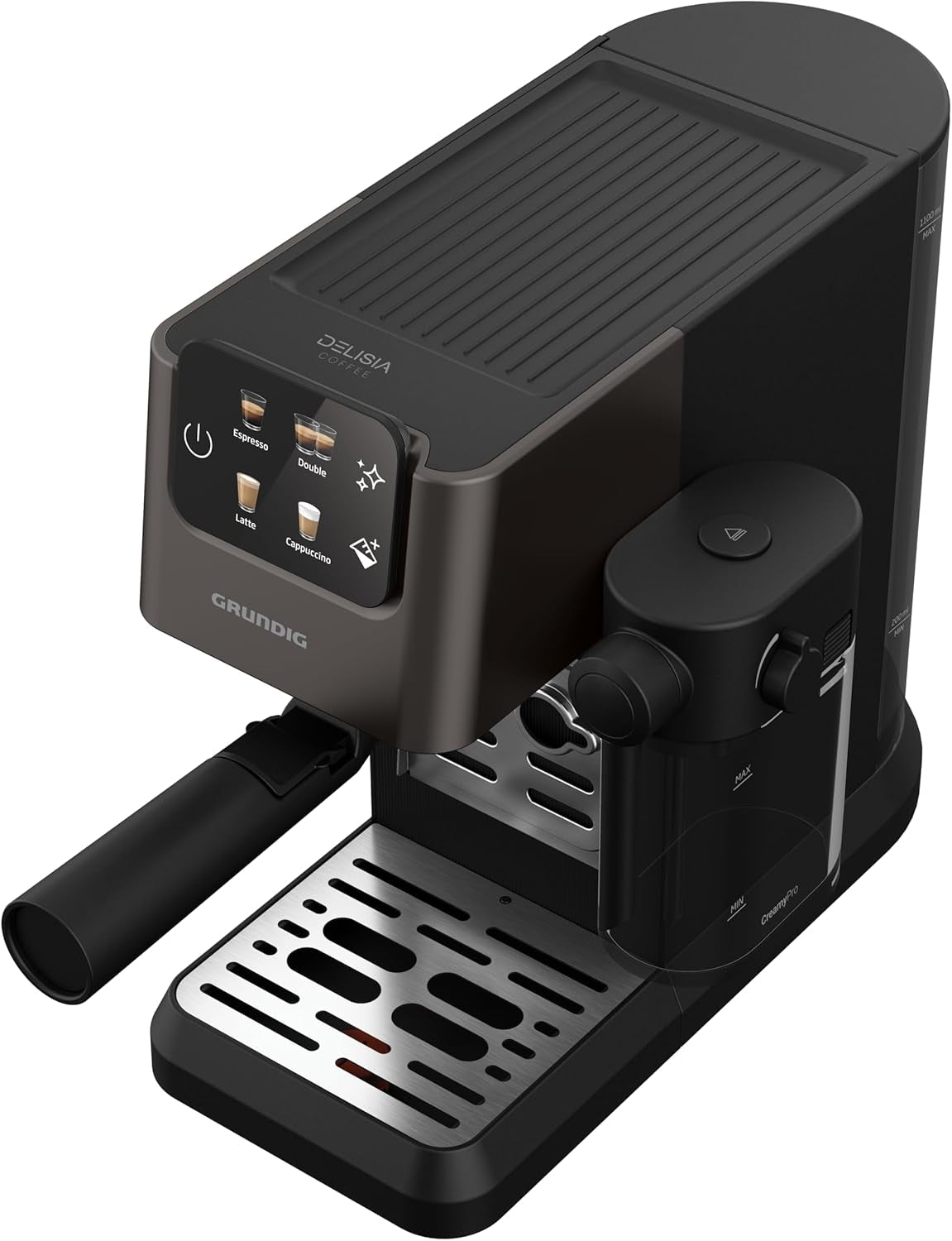 Ekspres do kawy z kolbą GRUNDIG KSM 5330 ze zintegrowanym pojemnikiem na mleko, moc 1628 W, ciśnienie pompy 15 bar, podwójna dysza, kolorowy wyświetlacz dotykowy, BrewSense, CreamyPro, Ciemna stal nierdzewna/Czarny
