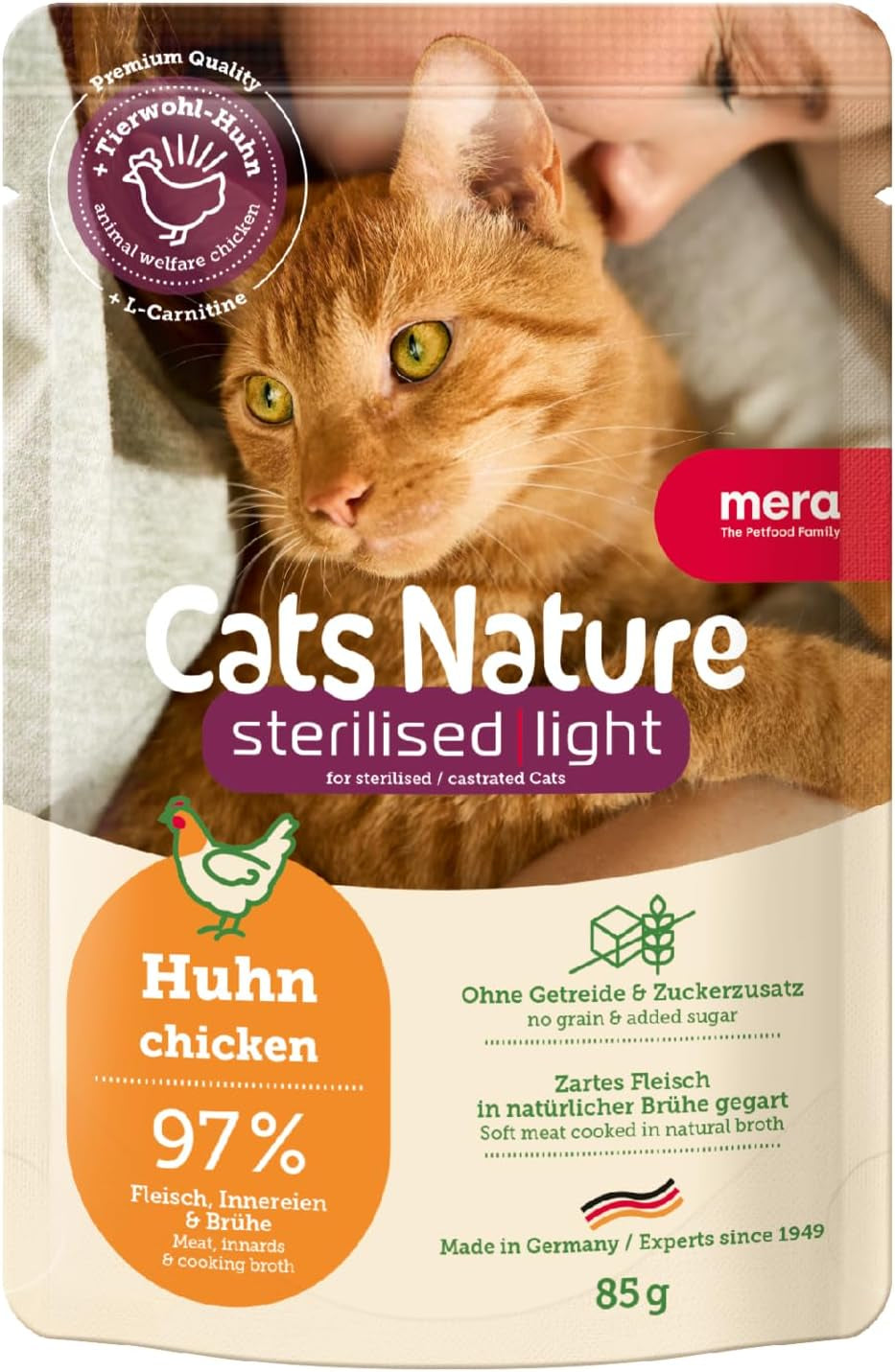MERA Cats Nature Mokra sterylizowana/lekka karma dla kurczaków 12x85g | Dla kotów sterylizowanych/kastrowanych | Bez cukru i zbóż | Mokra karma o niskiej zawartości tłuszczu i dużej zawartości mięsa