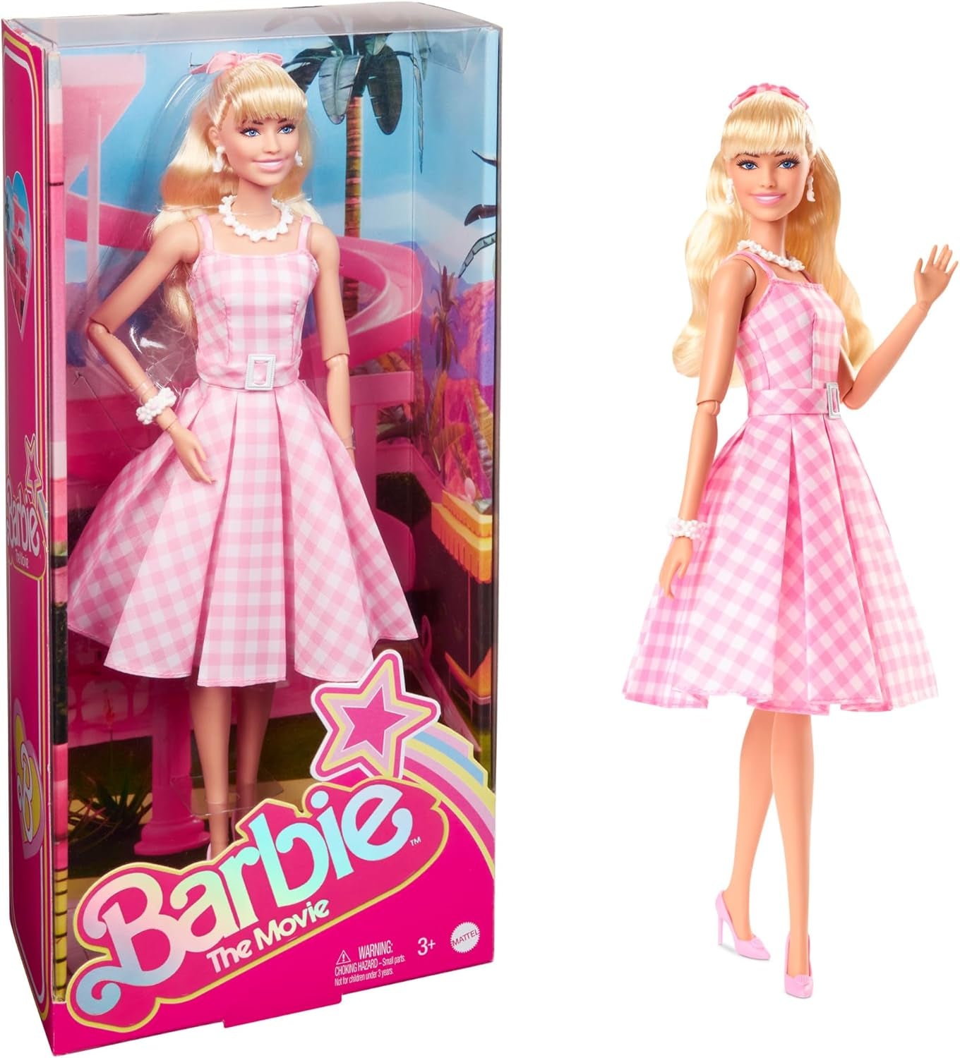 Lalka Barbie Lalka filmowa w różowo-białej sukience i naszyjniku w kształcie stokrotki Margot Robbie Kolekcjonerska zabawka dla 3 lat HPJ96