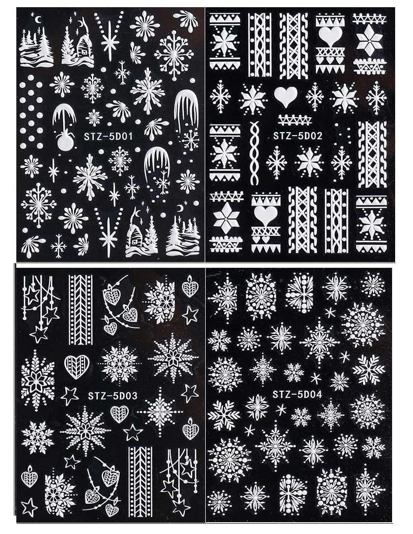4 Blatt 3D Nagelsticker Weihnachten Nagelaufkleber Boże Narodzenie 5D Stereoskopisch Selbstklebend Schneeflocke Schneemann Nail Art Naklejka Dekoracja Nageldesign Zubehör