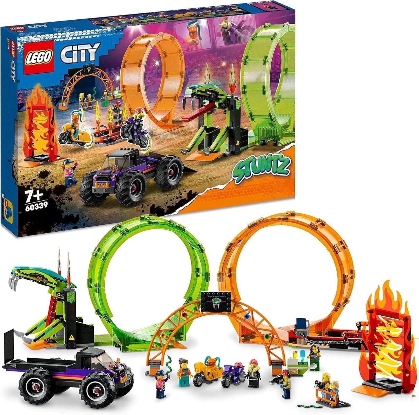 LEGO 60339 City Stuntz Zestaw kaskaderski z podwójną pętlą, zawiera. rampa, monster truck, 2 motocykle i 7 minifigurek, zabawka dla dzieci powyżej 7 lat Zestawy do budowania Besuche den LEGO-Store Single