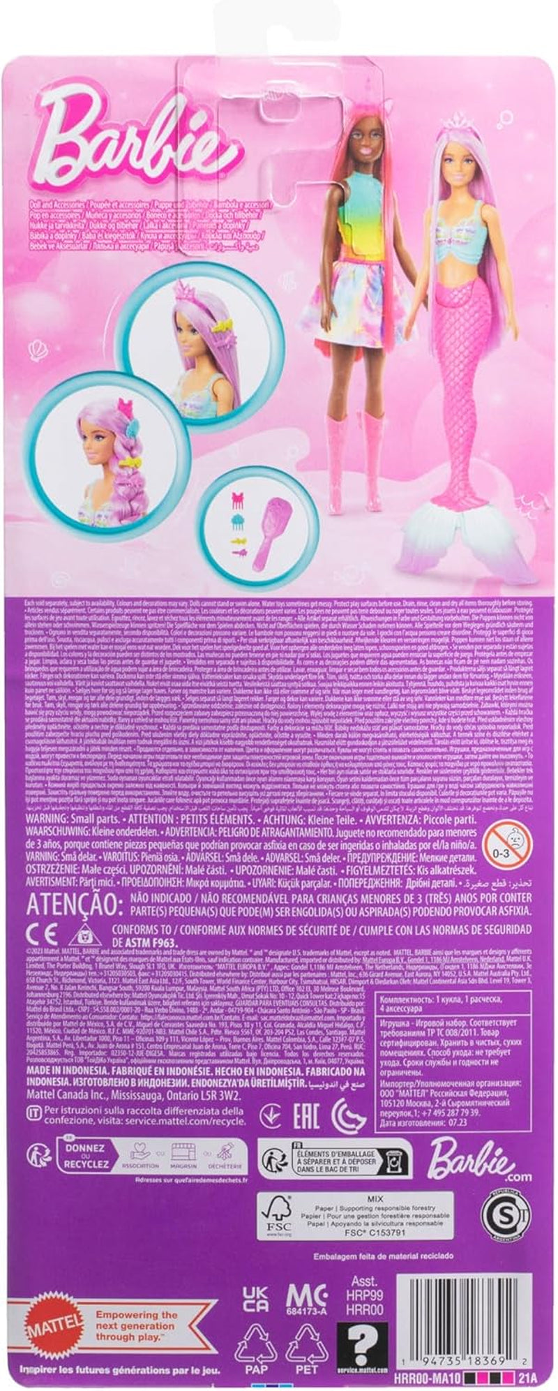 Lalka Barbie Syrenka – z długimi różowymi włosami i indywidualnymi akcesoriami do stylizacji, w tym szczotką, śliczną końcówką w kształcie muszelki i różową płetwą ogonową, dla dzieci w wieku od 3 lat, HRR00