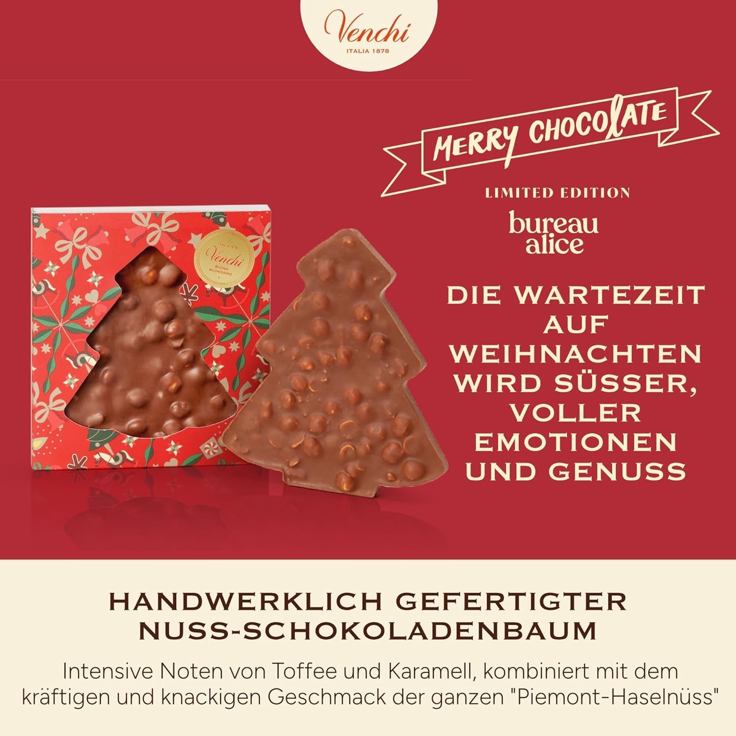 Venchi, Brutto&Buono, ręcznie robiona tabliczka mlecznej czekolady w kształcie jodły „Piedmont Forest Hazelnut”, 200g, bezglutenowa, limitowana edycja kolekcji świątecznej, pomysł na prezent