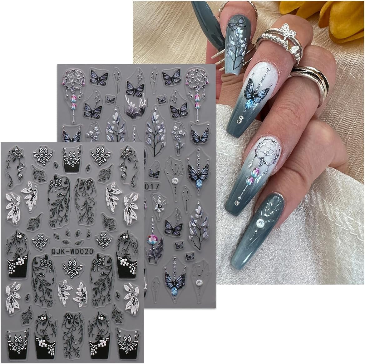 JMEOWIO Nagelsticker Schwarz Weiße Blume 6 Blatt Nail Art Naklejka Selbstklebend Nagelaufkleber Frühling Letnia dekoracja kwiatowa Nageldesign Zubehör