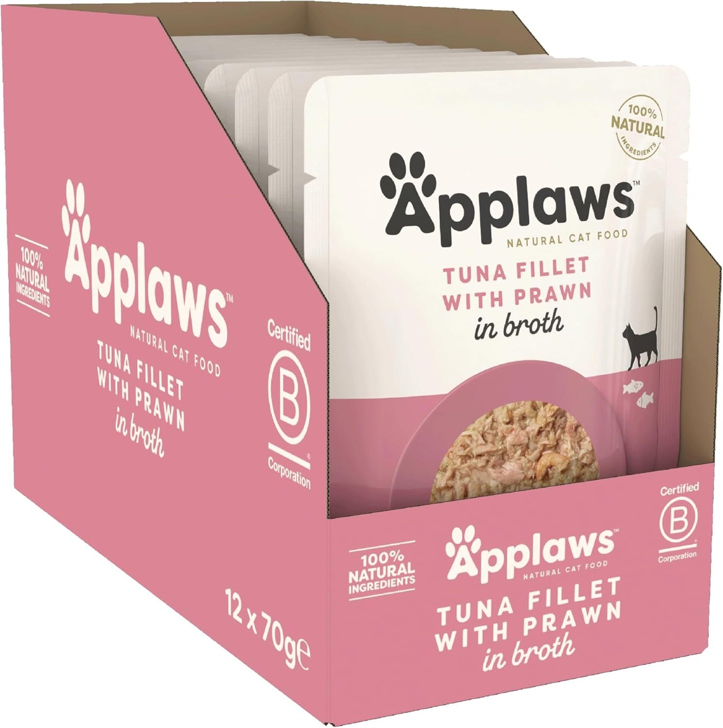 Applaws Naturalna mokra karma dla kotów Premium, filety z tuńczyka z krewetkami pacyficznym w zupie, saszetki porcjowe 70 g (12 x 70 g)