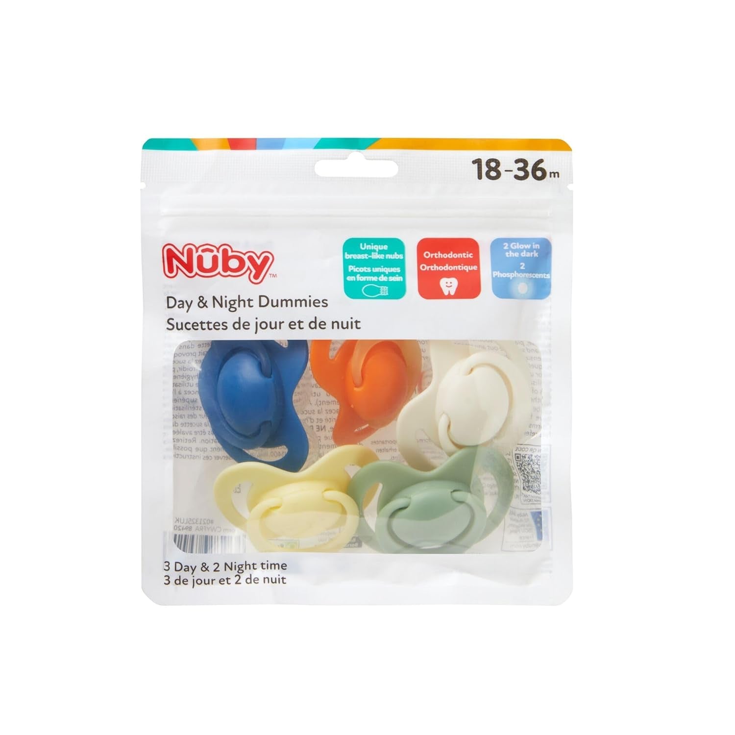 Nuby – Zestaw 5 miękkich silikonowych smoczków ortodontycznych i smoczków | 3 modele na dzień i na noc | 2 modele świecące w ciemności | Bez BPA | Kształt przypominający pierś | Przez 18-36 miesięcy