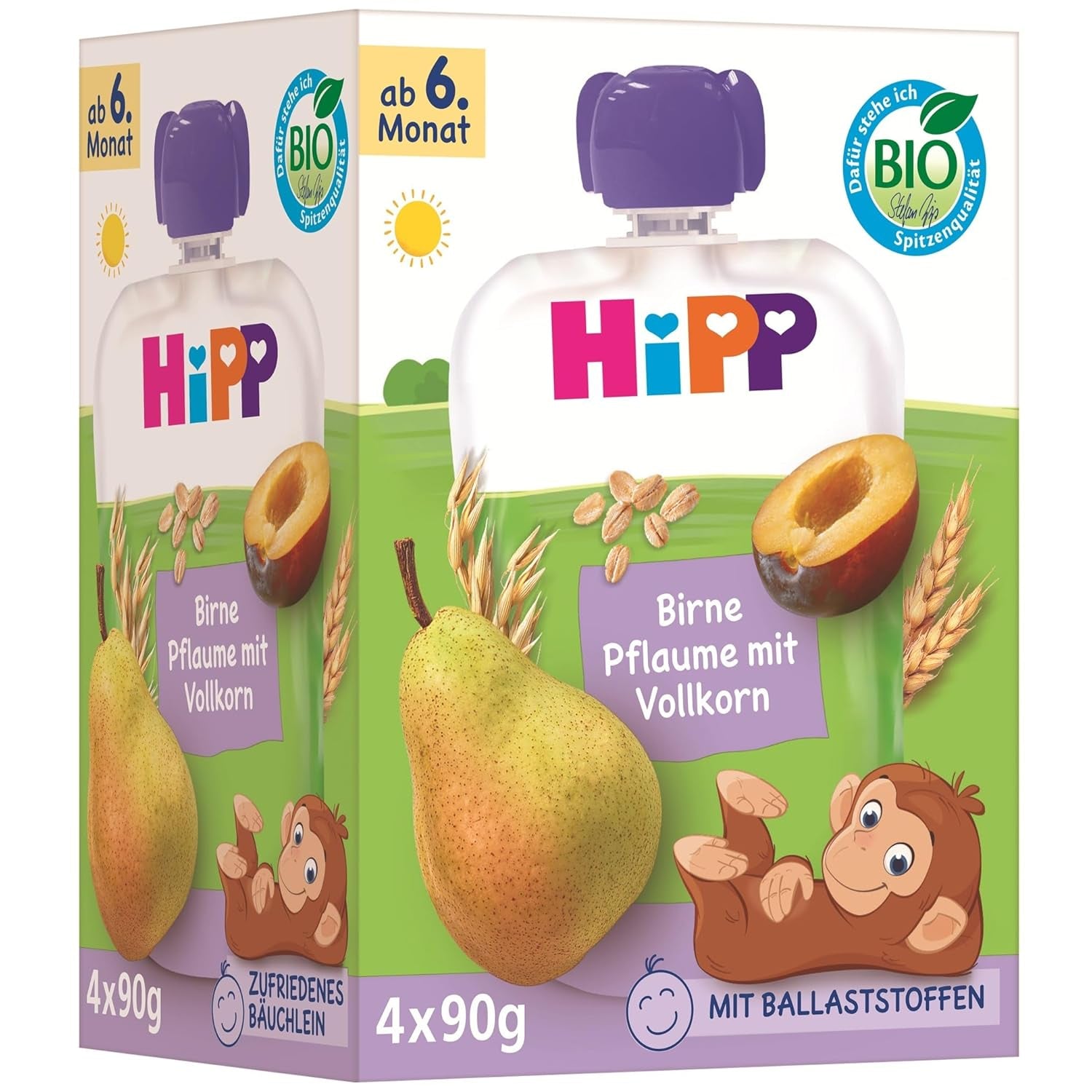 HiPP Organiczne saszetki z gruszkami i śliwkami, pełnoziarniste, 16 sztuk (4 opakowania po 4 x 90 g każde), dla dzieci od 6. miesiąca życia, bez dodatku cukru, wegańskie, najlepszej jakości organicznej