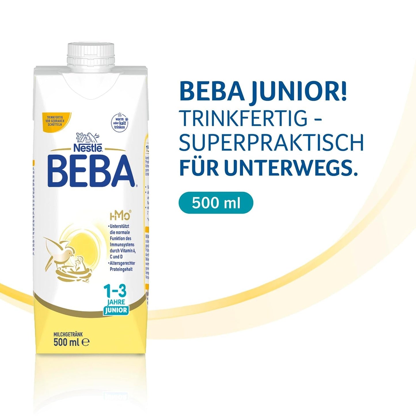 BEBA Junior Gotowy do spożycia napój mleczny dla dzieci 1-3 lat, z HMO, zawartość białka dostosowana do wieku, bez oleju palmowego, bez oleju rybnego, żywność dla małych dzieci, opakowanie 12 szt. (12 x 500 ml)