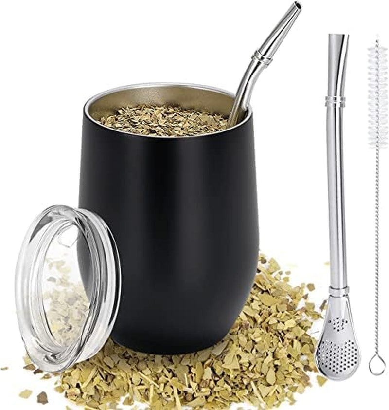 Kubek Modern Mate o pojemności 340 ml, zestaw izolowanych kubków do Yerba Mate o podwójnych ściankach ze stali nierdzewnej, kubek do herbaty Mate z pokrywką niezawierającą BPA, bombille i szczoteczka do czyszczenia (srebrna)