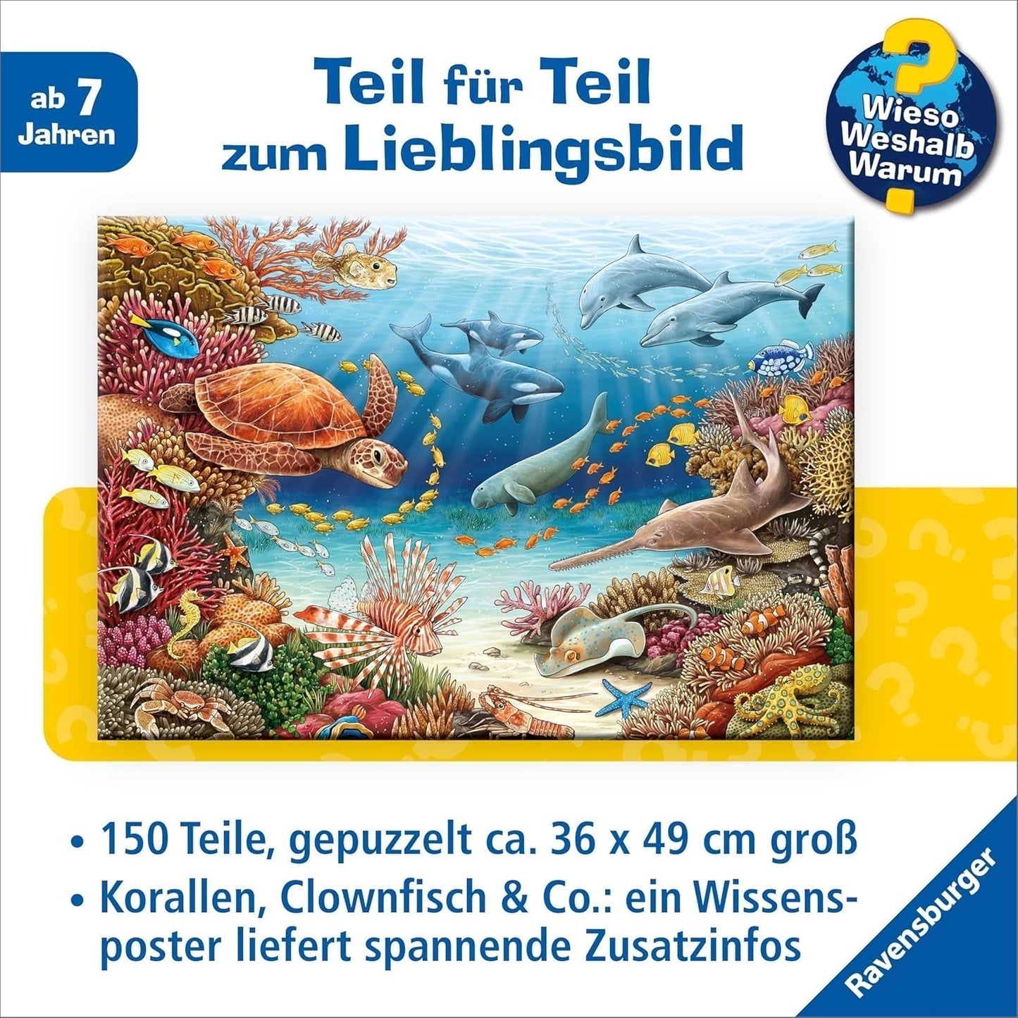 Puzzle dla dzieci Ravensburger 13411 - Stworzenia morskie na rafie koralowej - Dlaczego? Dlaczego? Dlaczego? Puzzle 150 elementów XXL + plakat wiedzy, dla dzieci od 7 lat Puzzle Naty Shop