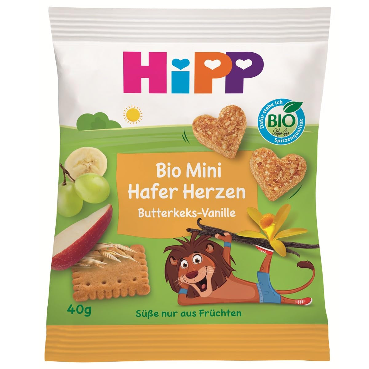 HiPP Oatmeal Vanilla Heart Mini Biscuits (12 x 40g), od 1 roku, organiczny batonik w kształcie serca, bogaty w zboża i błonnik, słodzony wyłącznie owocami, najwyższej jakości organicznej