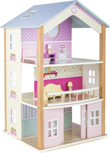 Small Foot 11192 3-poziomowy obrotowy drewniany domek dla lalek z meblami do zabawy wielokolorowy 37 x 40 x 67 cm Naty Shop domy dla lalek