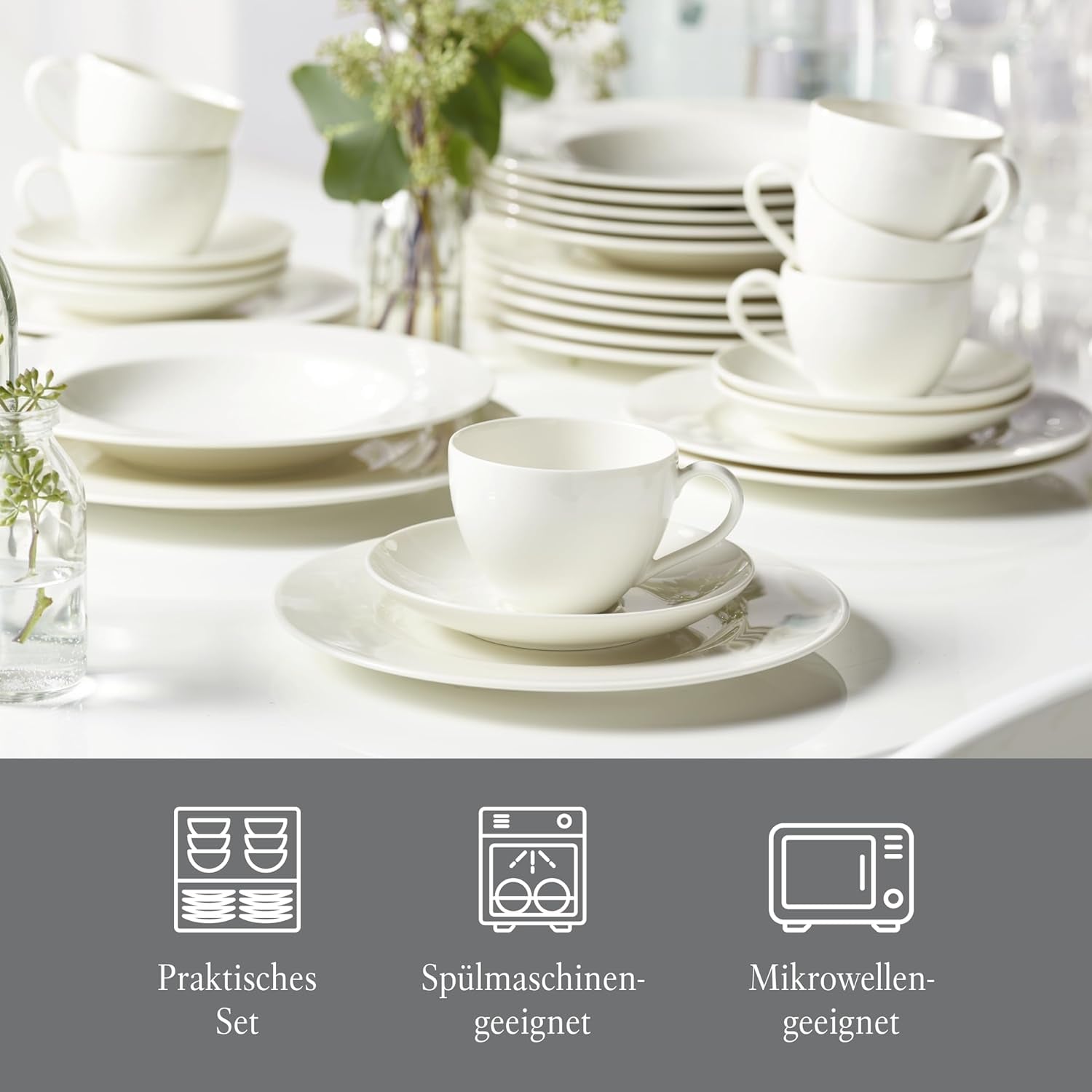 vivo - Grupa Villeroy & Boch - Podstawowy biały 30-częściowy zestaw zastawy stołowej, można myć w zmywarce i kuchence mikrofalowej, Biały zestaw zastawy stołowej, Zestaw do kawy, Ceramika, Talerze, Filiżanki, Porcelana premium