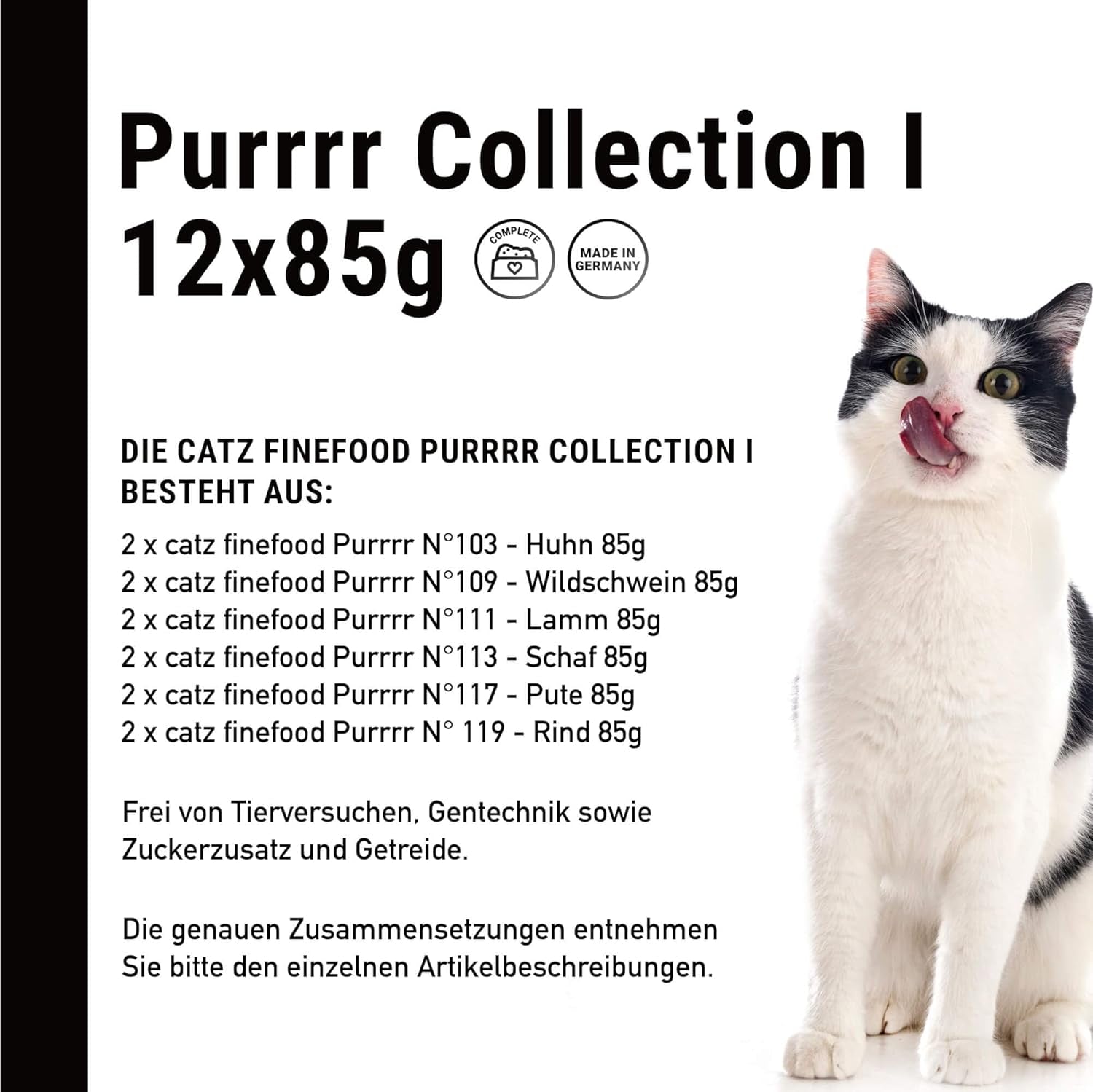 Catz Finefood Purrrr Collection I - Monoproteinowa mokra karma dla kotów - bez zbóż, bez cukru, hipoalergiczna - o wysokiej zawartości mięsa - Mokra karma dla kotów w opakowaniach zbiorczych - w saszetkach, 85g (12 opakowań)