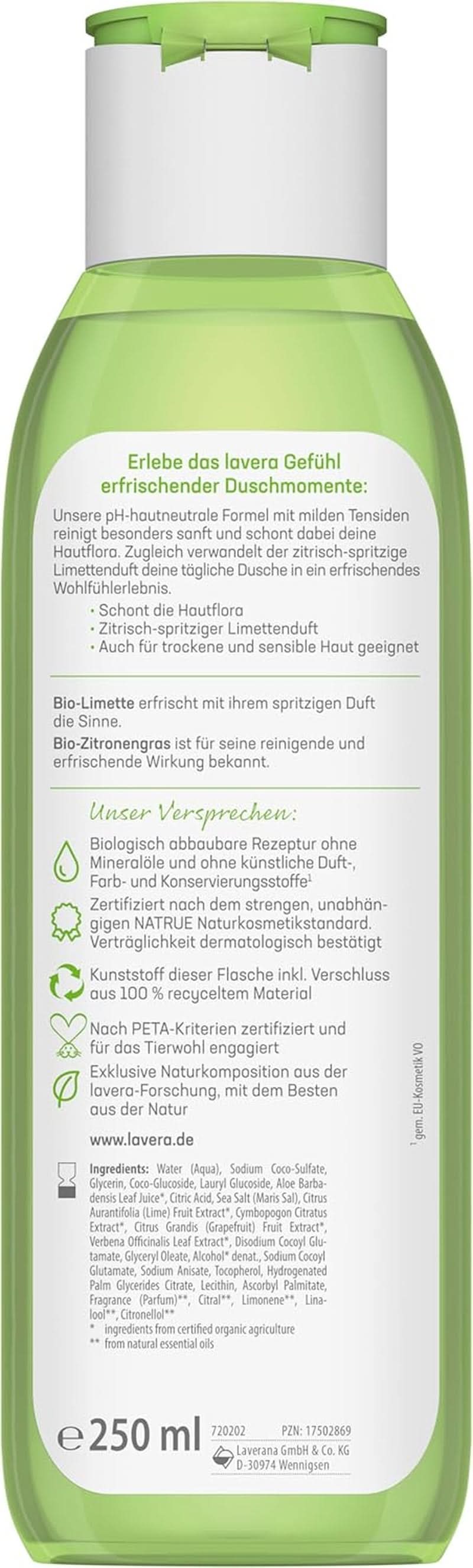 Lavera, Odświeżający żel pod prysznic z organiczną limonką, 250 ml Prysznic i kąpiel Naty Shop