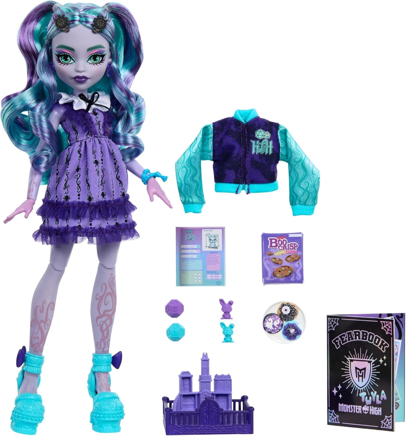 Zestaw akcesoriów Monster High Fearbook Twyla i klubu filmowego, kurtka studencka, album dyplomowy, gra planszowa i ciasteczka, HXW31