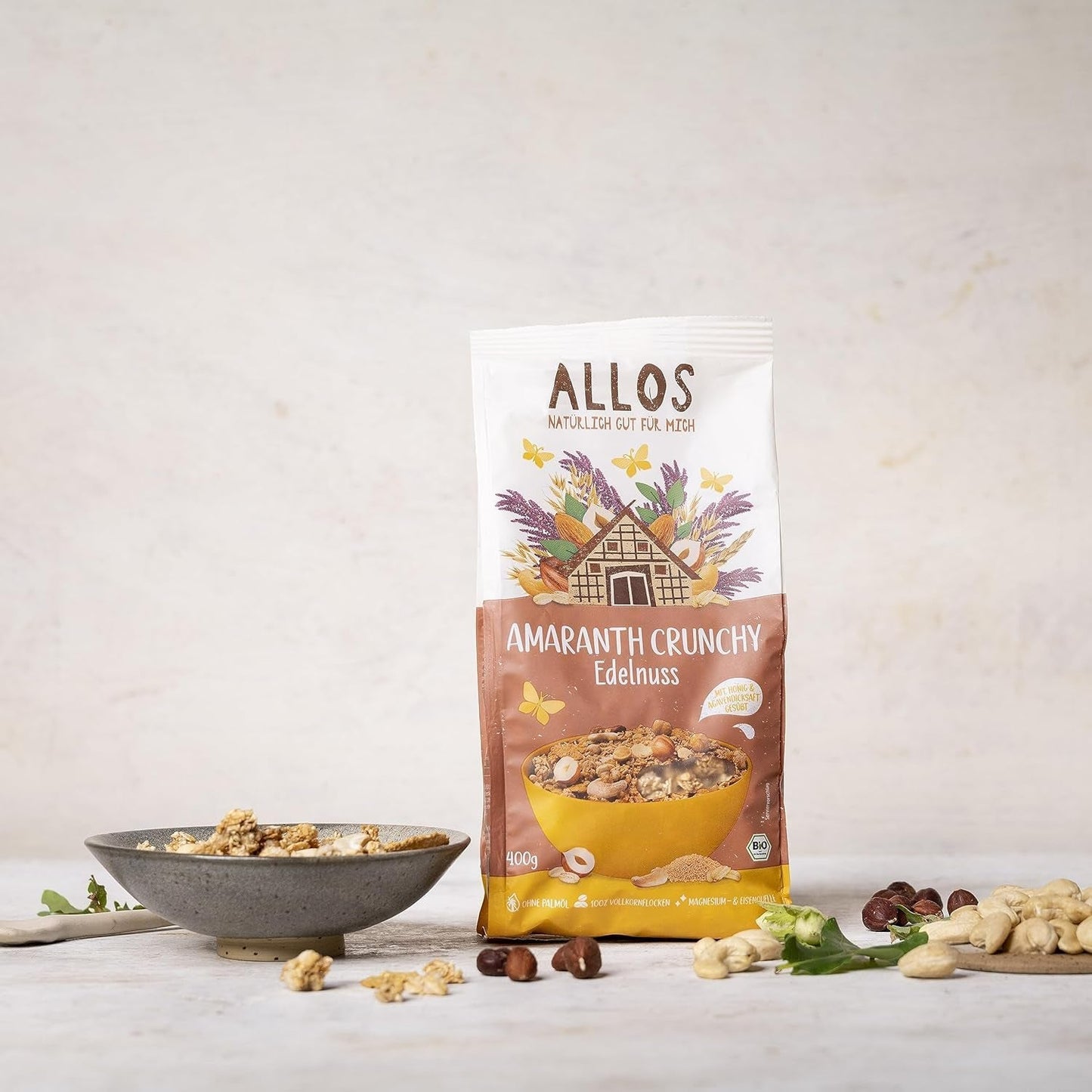 Premium chrupiące musli z orzechami włoskimi i amarantusem Allos | Organiczne musli | Musli z orzechami | Płatki owsiane | Płatki śniadaniowe | wegańskie | Opakowanie 6 sztuk (6 x 400g)
