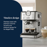 De'Longhi Classic EM450.M ekspres do kawy z kolbą, profesjonalnym spieniaczem do mleka, w całości z metalu, 15 barów, zbiornik na wodę 1,7 l, stal nierdzewna/metal