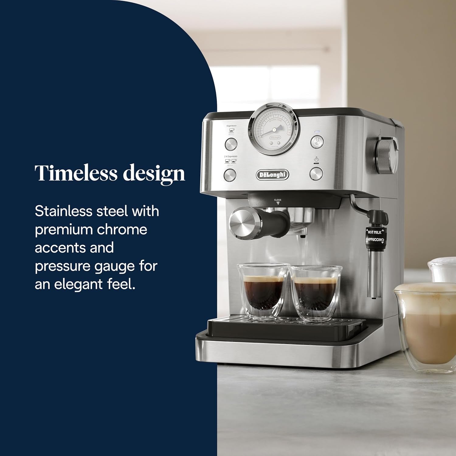 De'Longhi Classic EM450.M ekspres do kawy z kolbą, profesjonalnym spieniaczem do mleka, w całości z metalu, 15 barów, zbiornik na wodę 1,7 l, stal nierdzewna/metal
