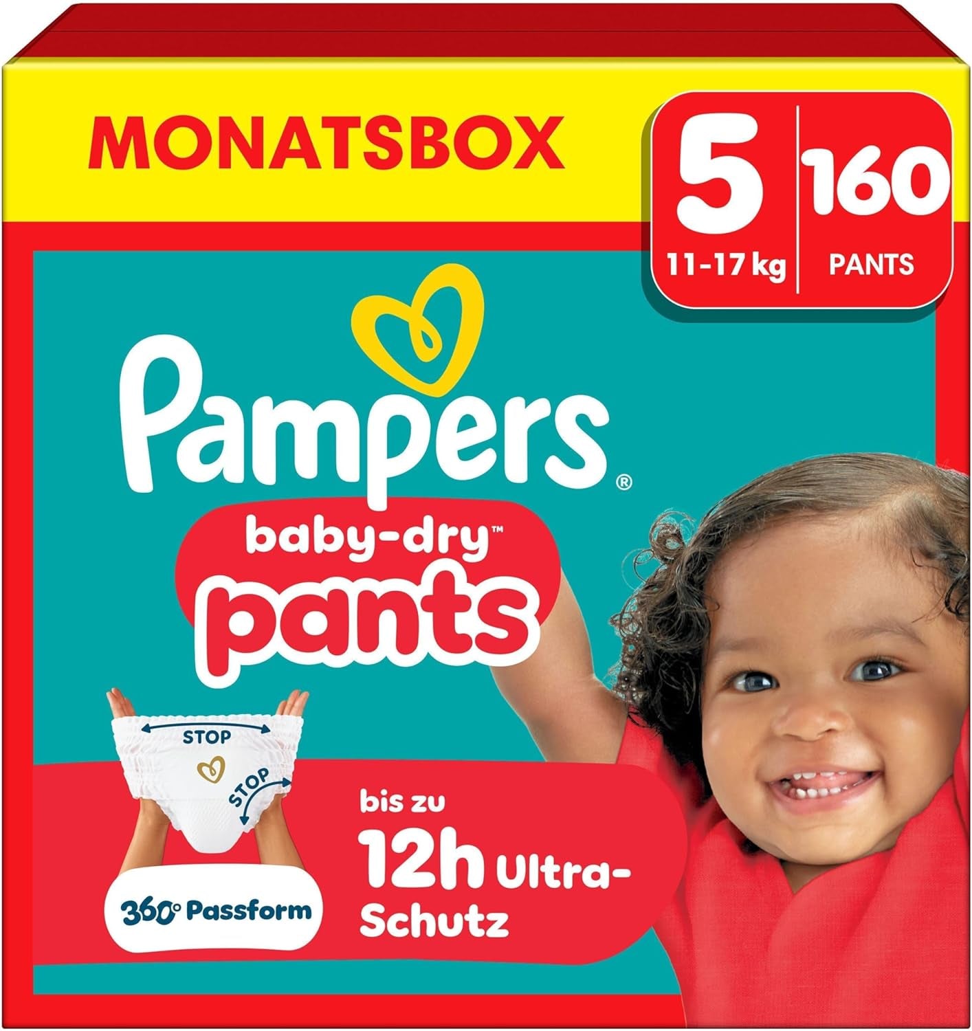 Spodnie Pampers Baby-Dry Größe 5, 160 Stück, 11kg-17kg, 360° auslaufsichere Nadają się na dzień i na noc