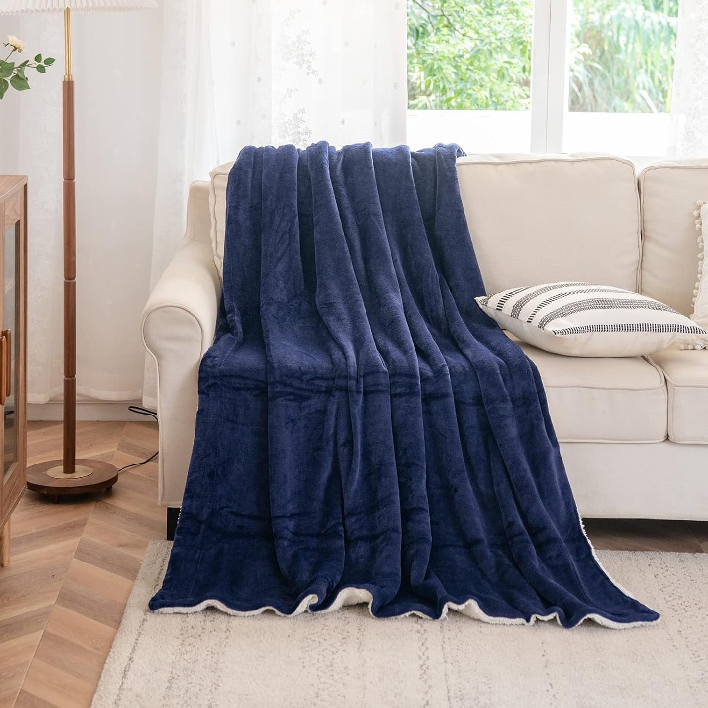 Koc polarowy Kono Sherpa, 150 x 200 cm, miękki, przytulny, puszysty, dwustronny, mikrofibra, stałe koce na łóżko, kanapę, kanapę (granatowy, podwójny/podwójny) Łóżka i koce Besuche den KONO-Store