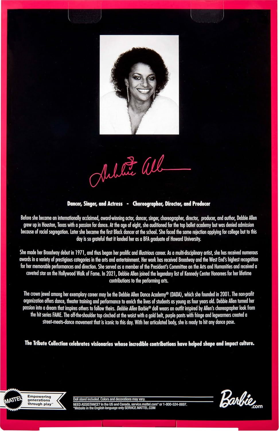 Podpisowa lalka Barbie Debbie Allen z kolekcji Tribute w topie z odkrytymi ramionami, złotym pasku i fioletowych spodniach i legginsach z frędzlami, JBJ24