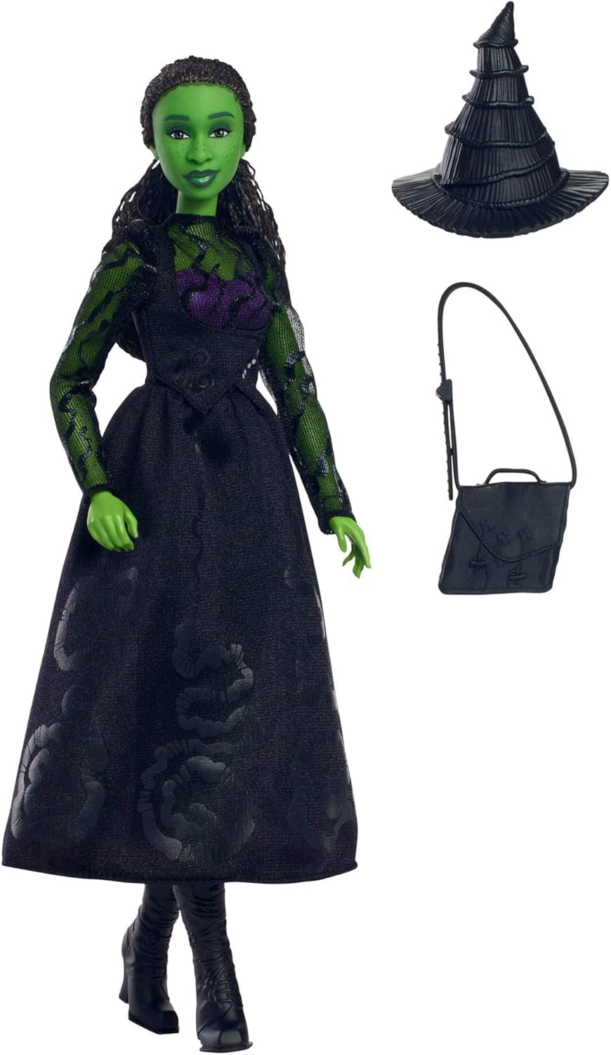 Mattel Wicked Elphaba Fashion Doll i akcesoria z zieloną skórą, czarnymi warkoczami, różnymi możliwymi pozami i odpinanym wyglądem sukni balowej, HXT62, [wielokolorowy]