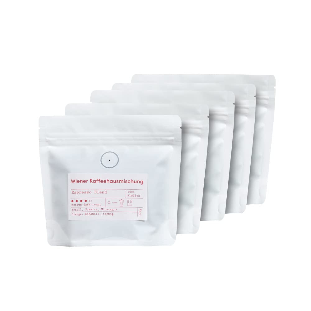 Zestaw degustacyjny do espresso - 5 rodzajów po 100 g każdy - Organiczne i 100% Arabika - Pojedyncze pochodzenie i mieszanka - Idealny do kolb i ekspresów do kawy
