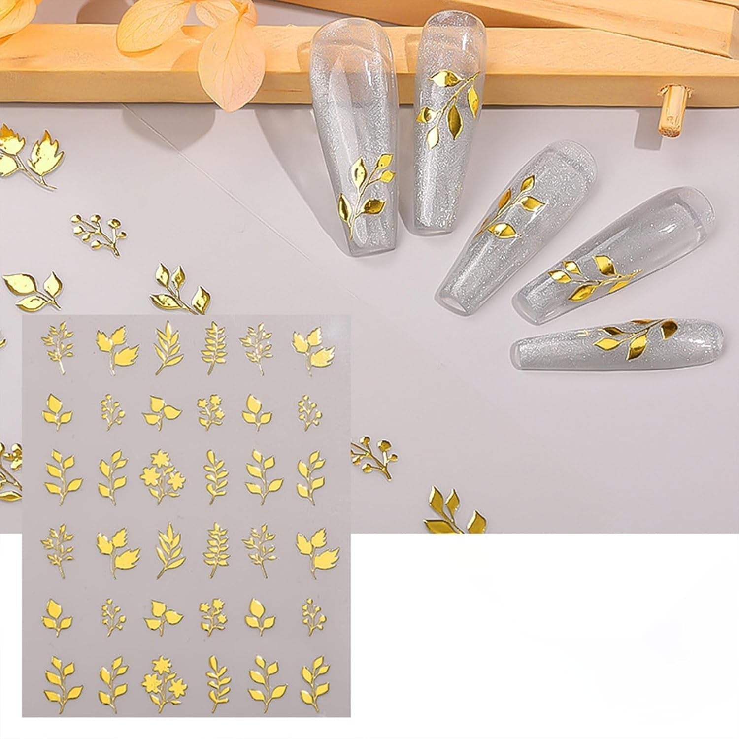 JMEOWIO Nagelsticker Goldene Blumen 8 Blatt Nail Art Naklejka Selbstklebend Nagelaufkleber Dekoration Nageldesign Zubehör