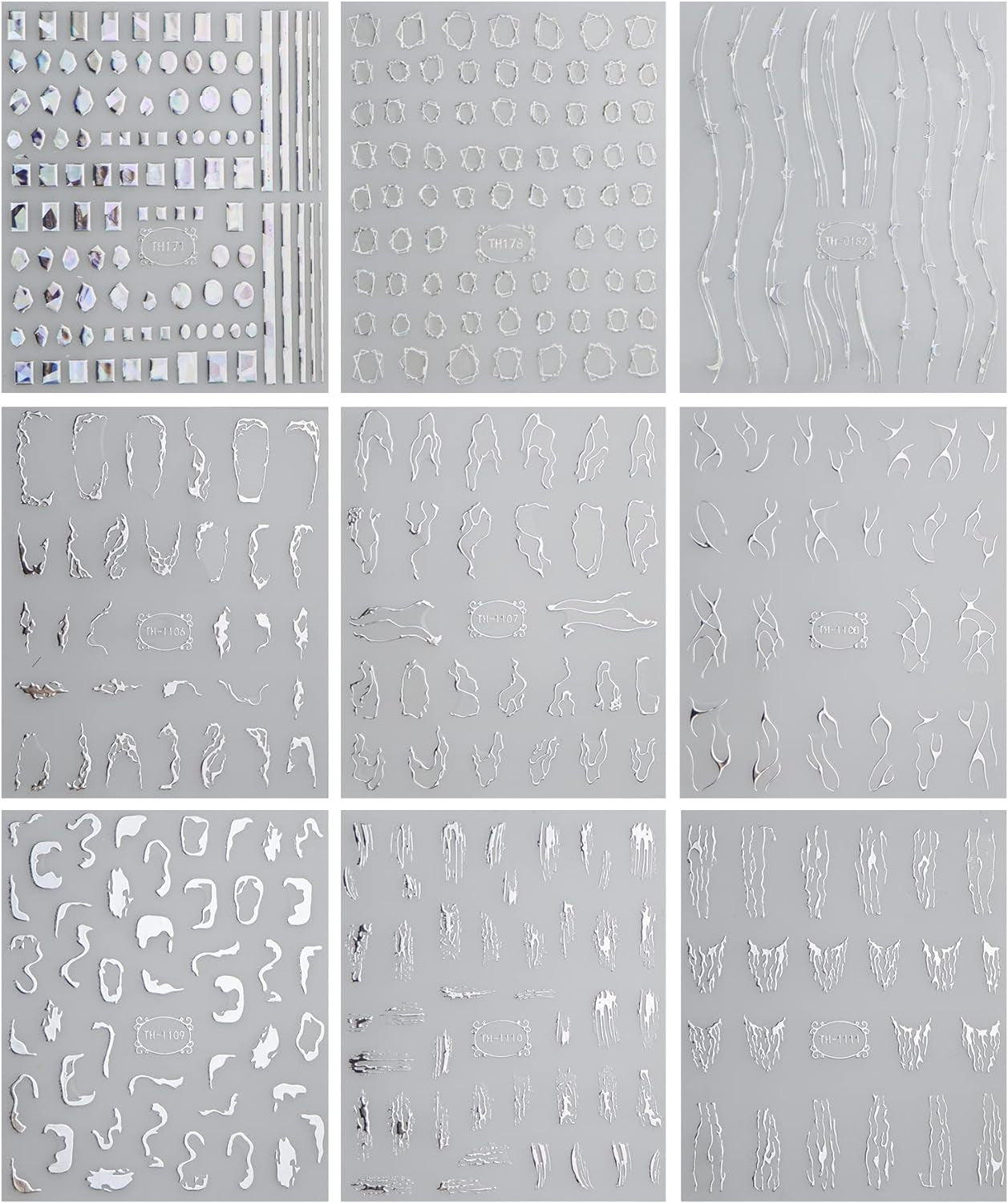 JMEOWIO Nagelsticker Marmor Linie 9 Blatt Nail Art Naklejka Selbstklebend Nagelaufkleber Silber Bunt Dekoration Nageldesign Zubehör
