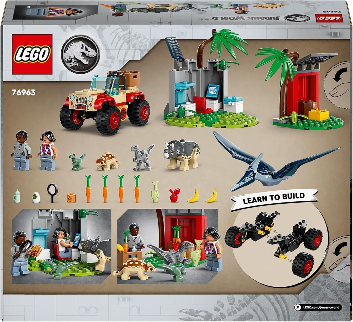 LEGO Jurassic World Centrum ratunkowe dla małych dinozaurów, zestaw z małymi figurkami dinozaurów, w tym Triceratopsem, Ankylozaurem i welociraptorem, prezent do budowania dla chłopców i dziewcząt od 4 lat 76963 Zestawy do budowania Besuche den LEGO-Store